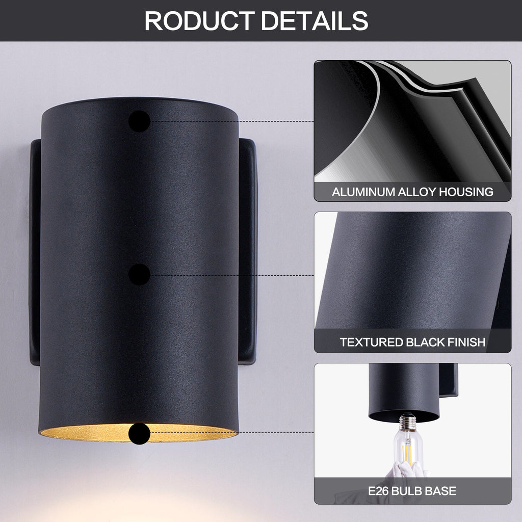 Jandcase 2-Pack 7in Outdoor Wall Sconce Black Cylinder Exterior Wall Light 1-Light Modern Waterproof Fixture for Porch Patio Entryway