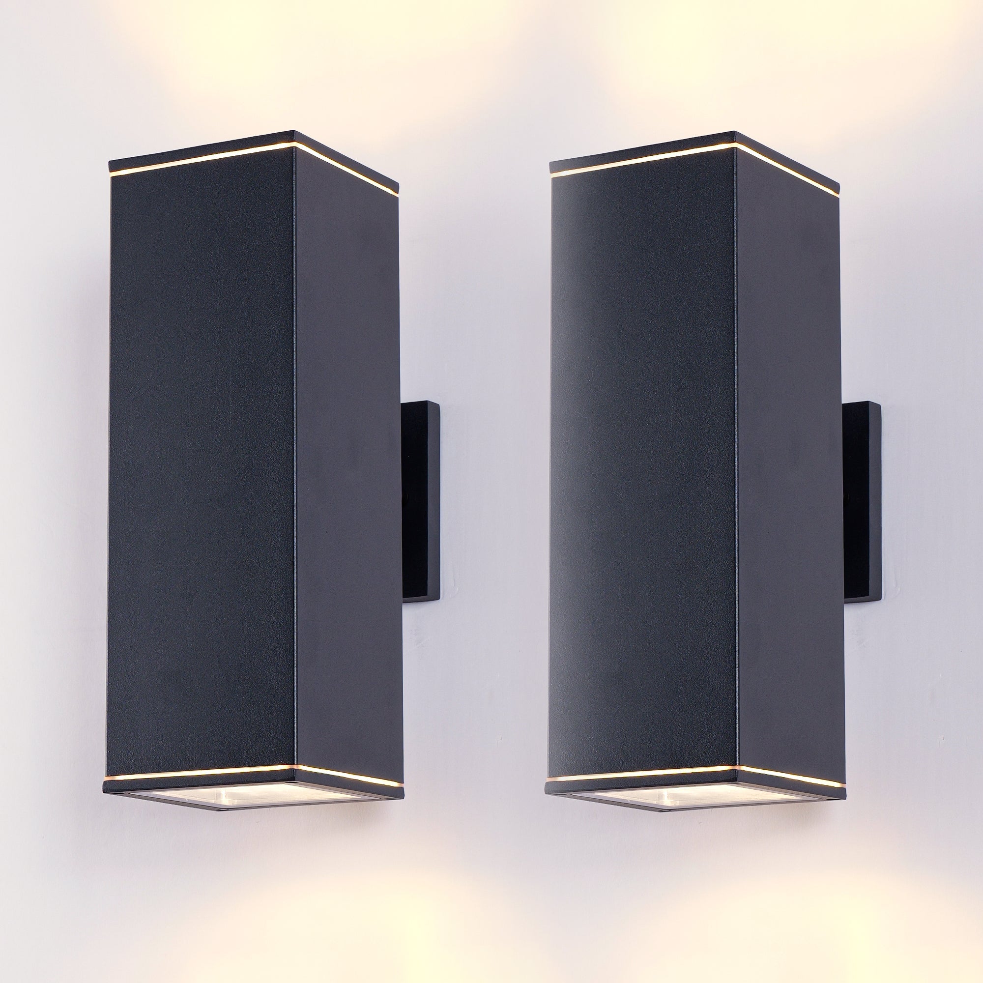 Jandcase 14in Modern Outdoor Porch Light Patio Light in 2 Lights with Aluminum Rectangular Tube and Tempered Glass Cover Waterproof Wall Sconce 2 Pack (Matte Black)(no bulb)