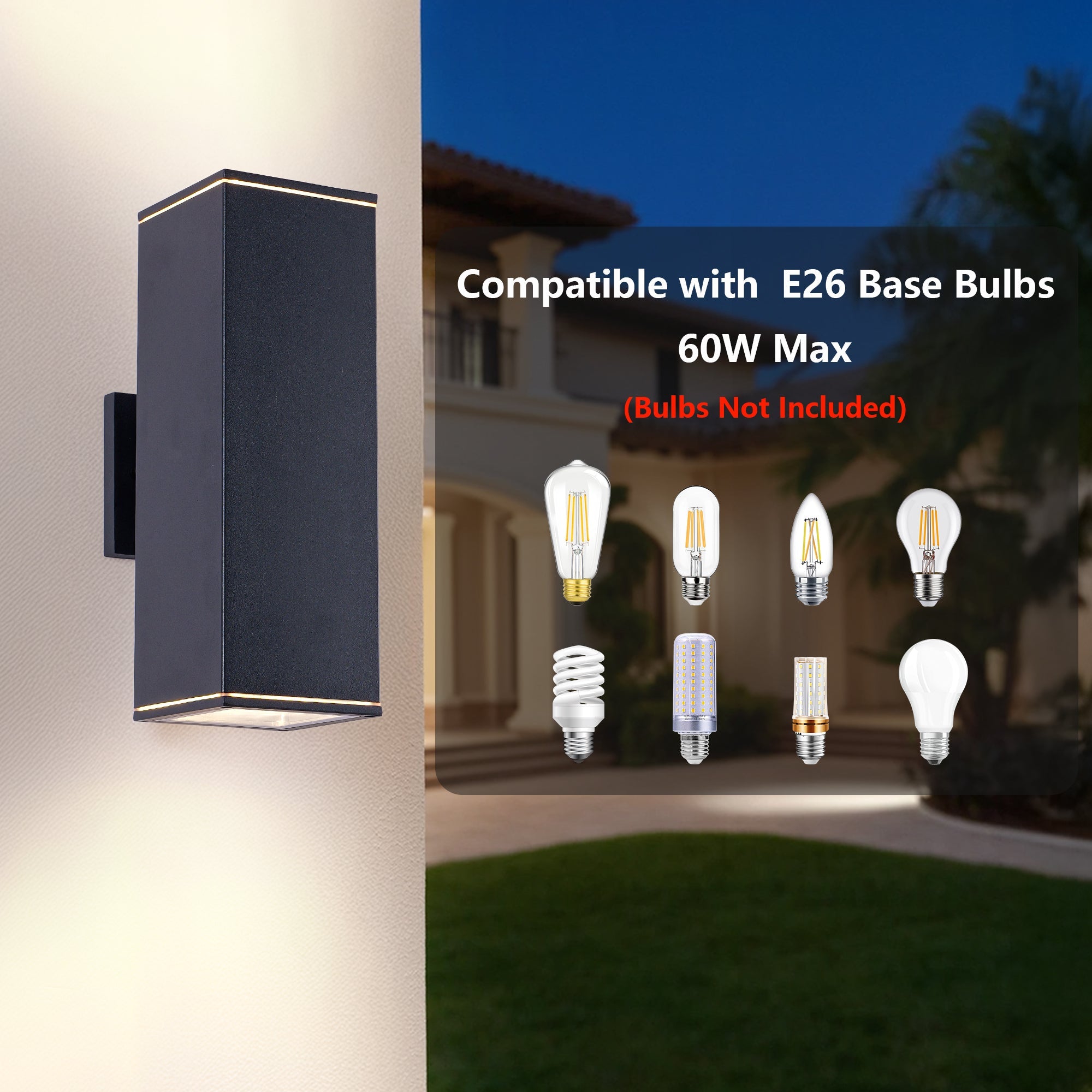 Jandcase 14in Modern Outdoor Porch Light Patio Light in 2 Lights with Aluminum Rectangular Tube and Tempered Glass Cover Waterproof Wall Sconce 2 Pack (Matte Black)(no bulb)