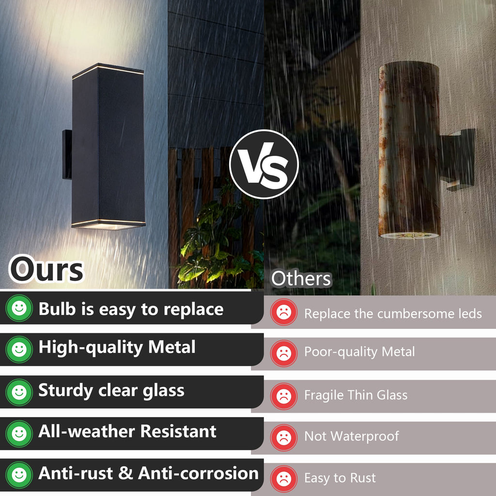 Jandcase 14in Modern Outdoor Porch Light Patio Light in 2 Lights with Aluminum Rectangular Tube and Tempered Glass Cover Waterproof Wall Sconce 2 Pack (Matte Black)(no bulb)
