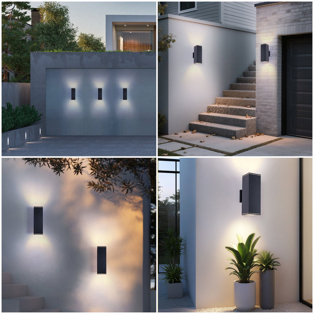 Jandcase 14in Modern Outdoor Porch Light Patio Light in 2 Lights with Aluminum Rectangular Tube and Tempered Glass Cover Waterproof Wall Sconce 2 Pack (Matte Black)(no bulb)