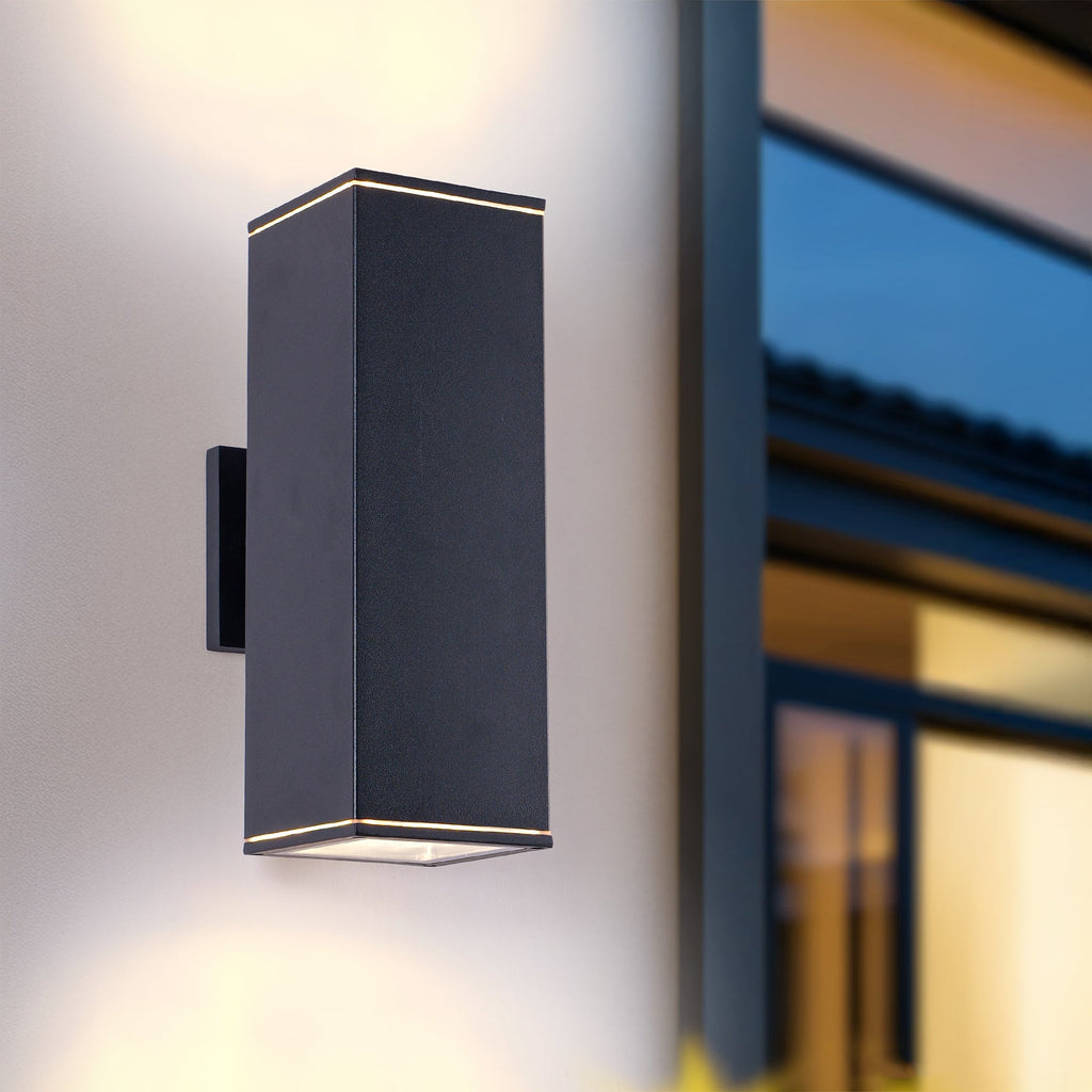 Jandcase 14in Modern Outdoor Porch Light Patio Light in 2 Lights with Aluminum Rectangular Tube and Tempered Glass Cover Waterproof Wall Sconce 2 Pack (Matte Black)(no bulb)