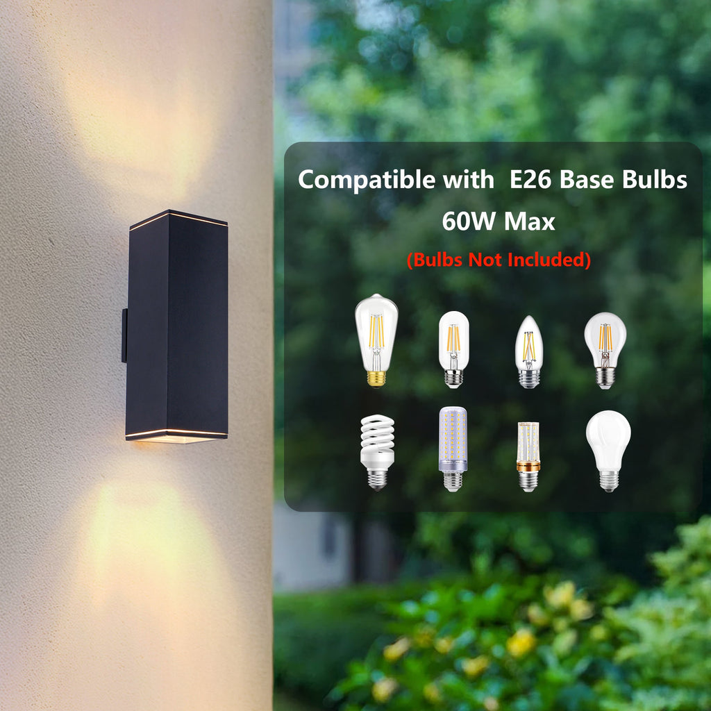 Jandcase18in Modern Outdoor Porch Light Patio Light in 2 Lights with Aluminum Rectangular Tube and Tempered Glass Cover Waterproof Wall Sconce 2 Pack (Matte Black)(no bulb)