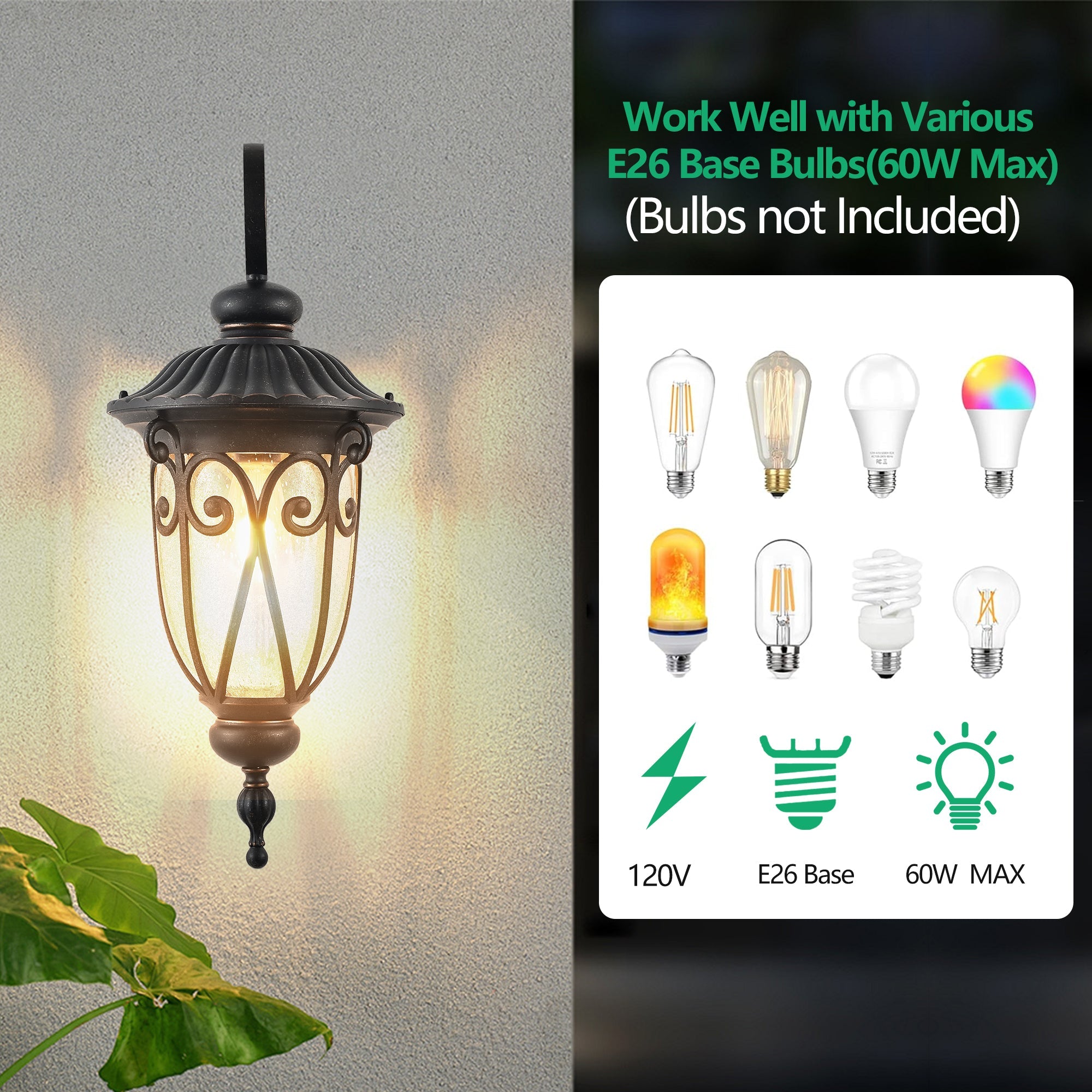 Jandcase 23in Classic Outdoor Wall Lantern Black Vintage Wall Sconce Bubble Glass Exterior Porch Patio Entryway Light Fixture E26