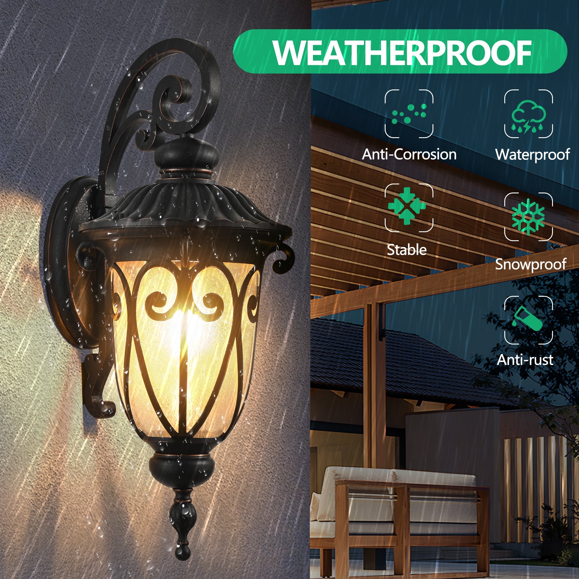 Jandcase 23in Classic Outdoor Wall Lantern Black Vintage Wall Sconce Bubble Glass Exterior Porch Patio Entryway Light Fixture E26