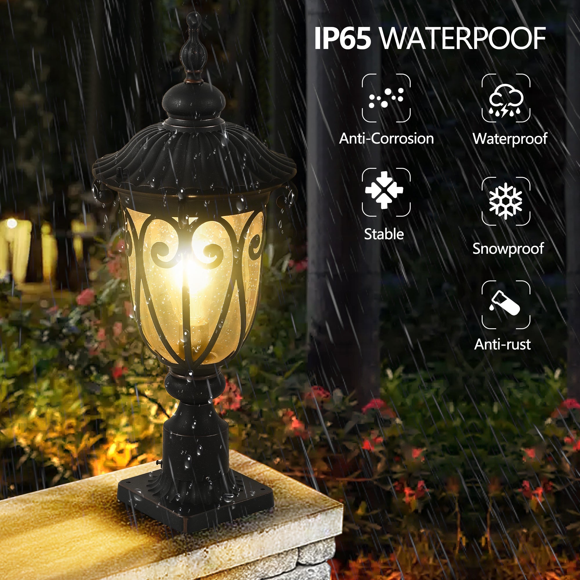 Jandcase 24in Vintage Black Outdoor Post Lantern Waterproof Aluminum Garden Pathway Light with Bubble Glass Yard Patio Driveway Lighting Fixture