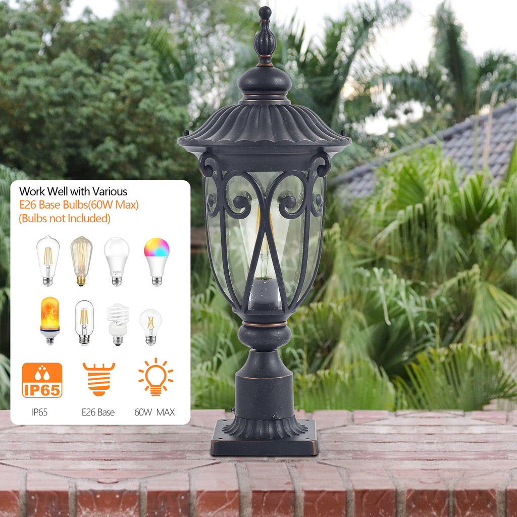 Jandcase 24in Vintage Black Outdoor Post Lantern Waterproof Aluminum Garden Pathway Light with Bubble Glass Yard Patio Driveway Lighting Fixture