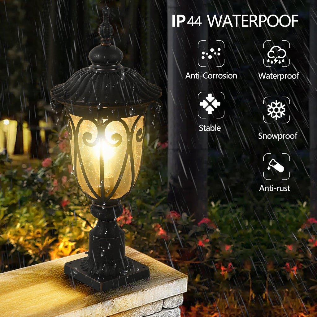 Jandcase 24in Vintage Black Outdoor Post Lantern Waterproof Aluminum Garden Pathway Light with Bubble Glass Yard Patio Driveway Lighting Fixture