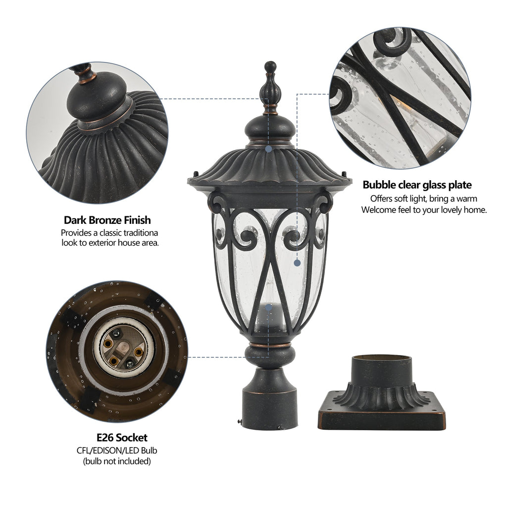 Jandcase 24in Vintage Black Outdoor Post Lantern Waterproof Aluminum Garden Pathway Light with Bubble Glass Yard Patio Driveway Lighting Fixture