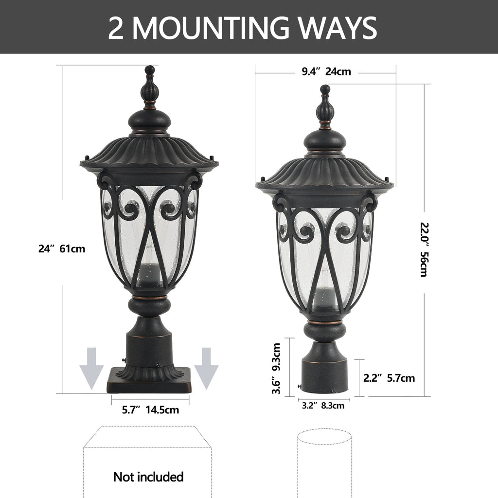 Jandcase 24in Vintage Black Outdoor Post Lantern Waterproof Aluminum Garden Pathway Light with Bubble Glass Yard Patio Driveway Lighting Fixture