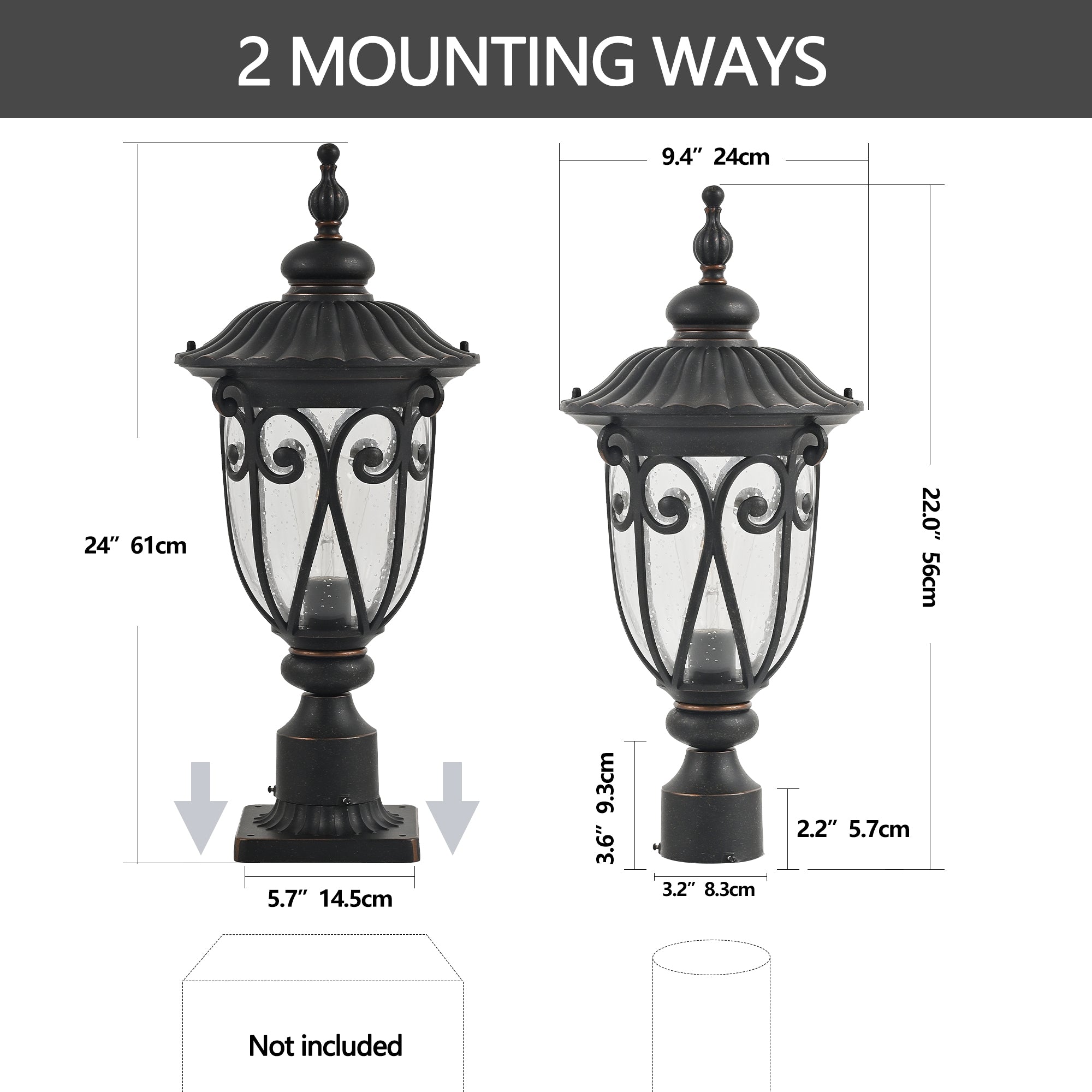 Jandcase 24in Vintage Black Outdoor Post Lantern Waterproof Aluminum Garden Pathway Light with Bubble Glass Yard Patio Driveway Lighting Fixture