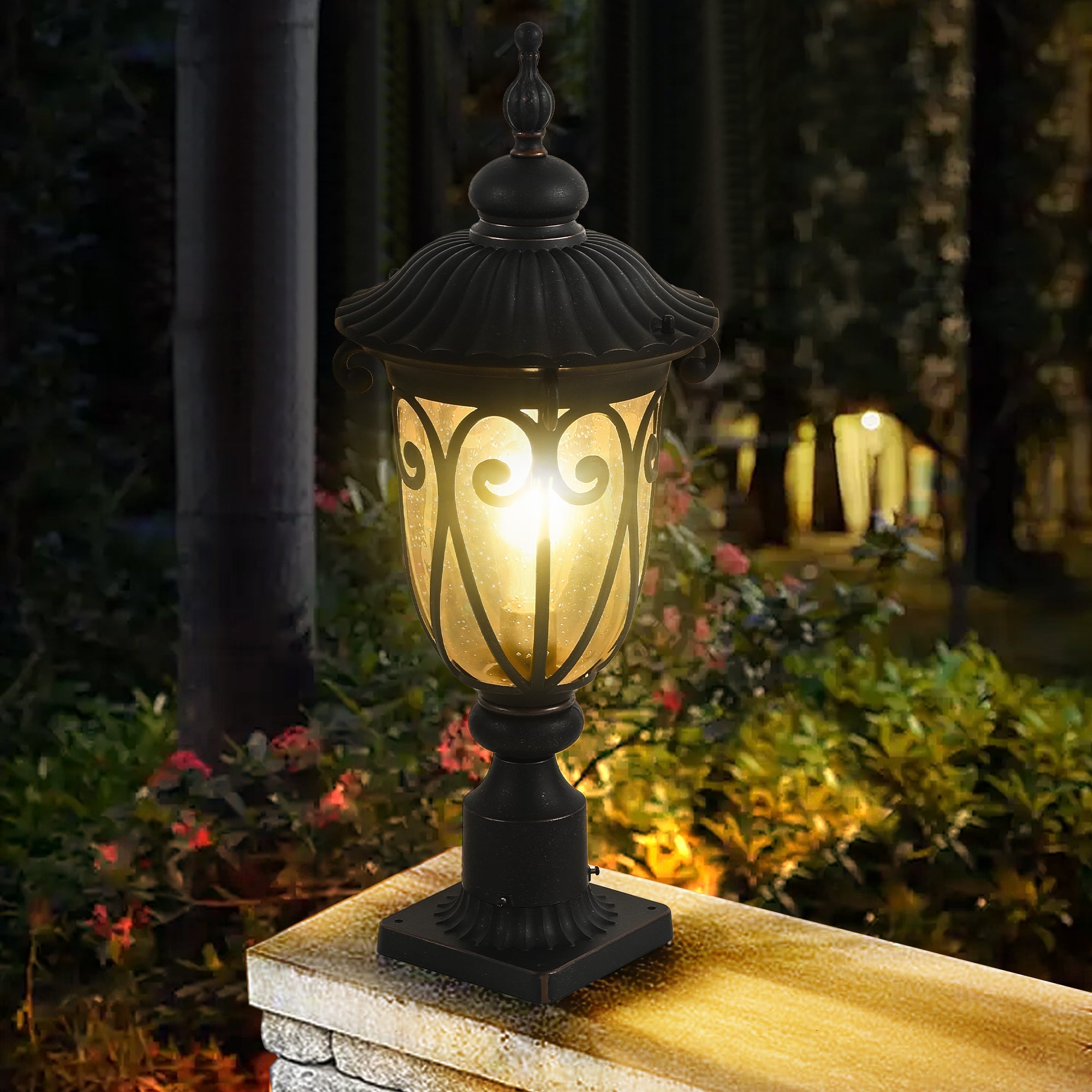Jandcase 24in Vintage Black Outdoor Post Lantern Waterproof Aluminum Garden Pathway Light with Bubble Glass Yard Patio Driveway Lighting Fixture
