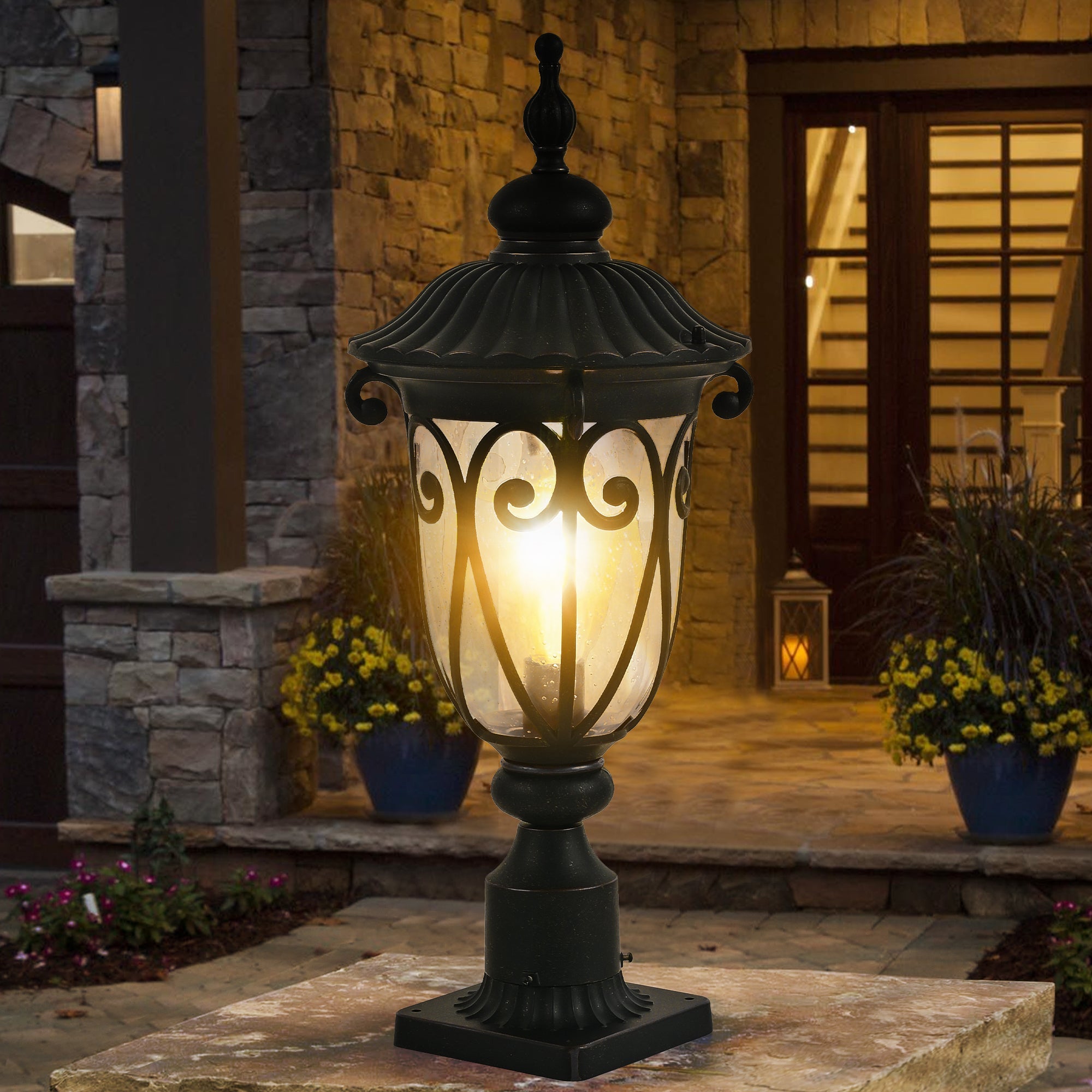Jandcase 24in Vintage Black Outdoor Post Lantern Waterproof Aluminum Garden Pathway Light with Bubble Glass Yard Patio Driveway Lighting Fixture
