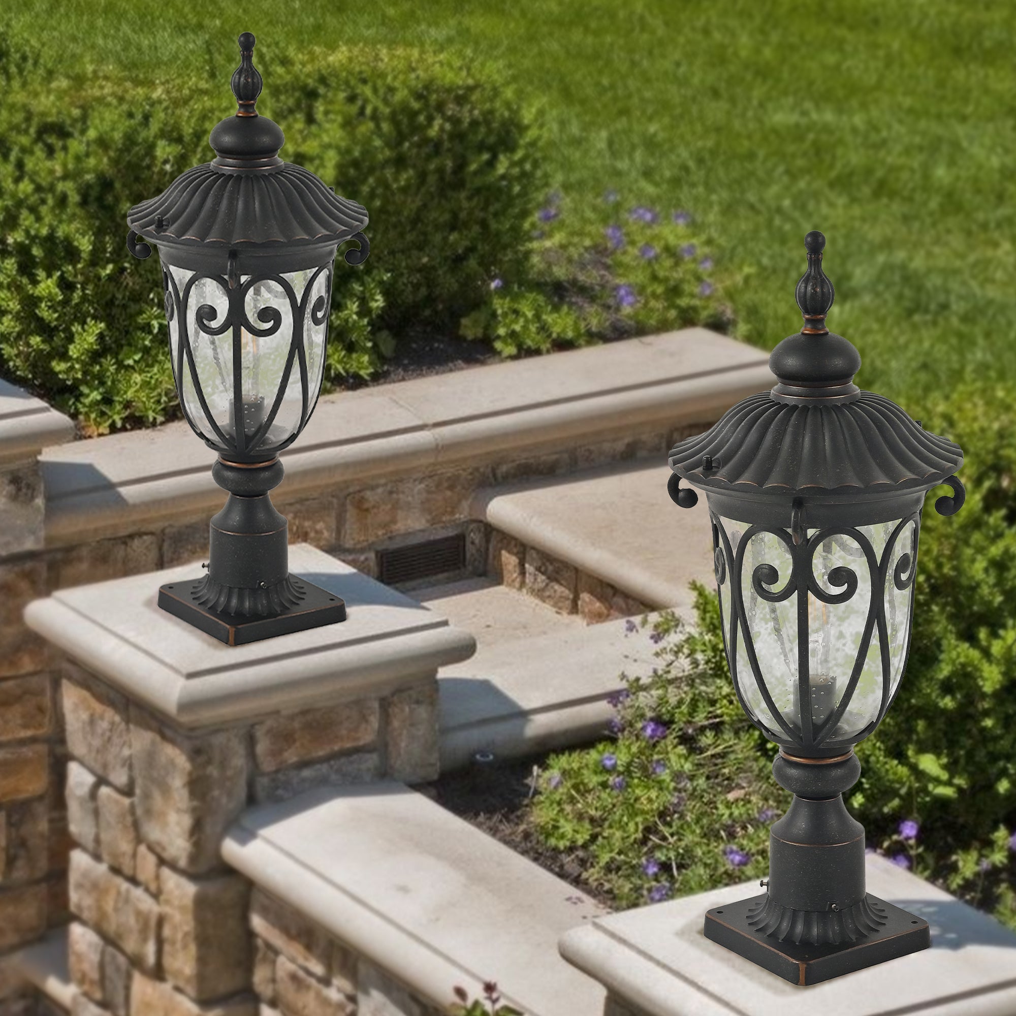 Jandcase 24in Vintage Black Outdoor Post Lantern Waterproof Aluminum Garden Pathway Light with Bubble Glass Yard Patio Driveway Lighting Fixture