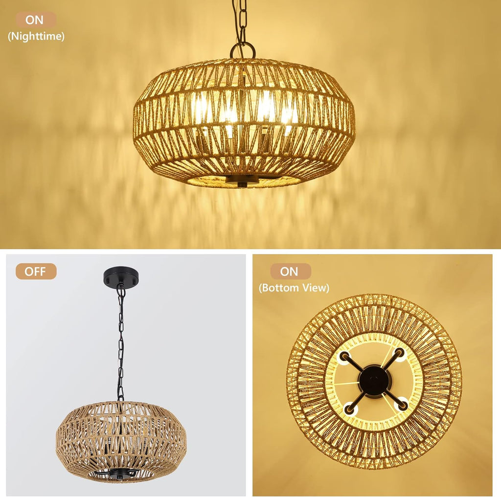 Jandcase 4-Light Farmhouse Boho Rattan Pendant Light Adjustable Height Ceiling Fixture for Dining Room Kitchen Island Living Room Bedroom Foyer