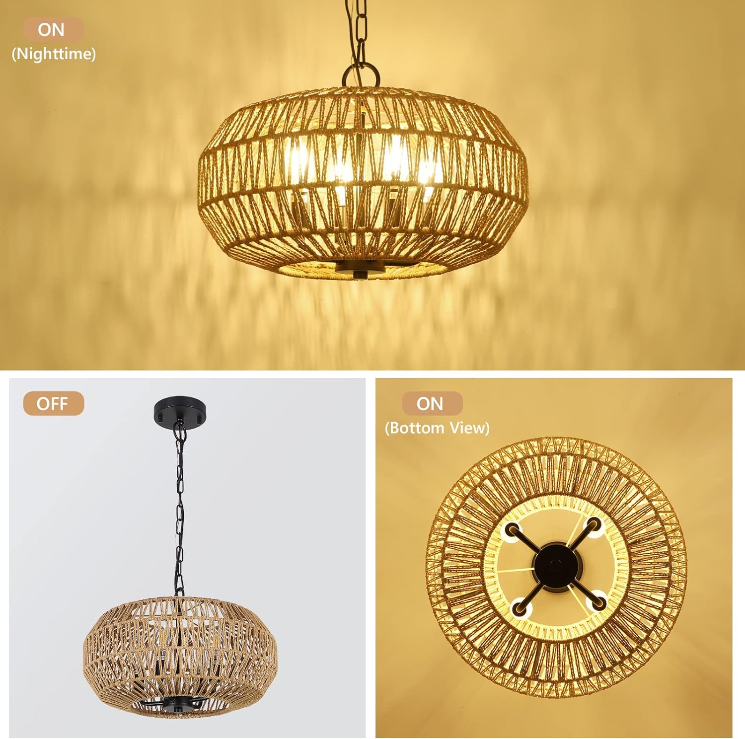 Jandcase 4-Light Farmhouse Boho Rattan Pendant Light Adjustable Height Ceiling Fixture for Dining Room Kitchen Island Living Room Bedroom Foyer