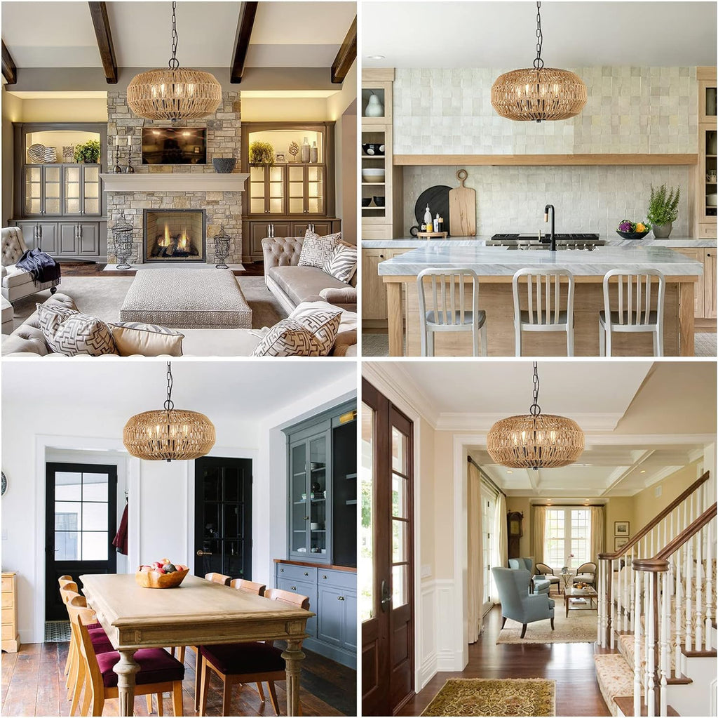 Jandcase 4-Light Farmhouse Boho Rattan Pendant Light Adjustable Height Ceiling Fixture for Dining Room Kitchen Island Living Room Bedroom Foyer