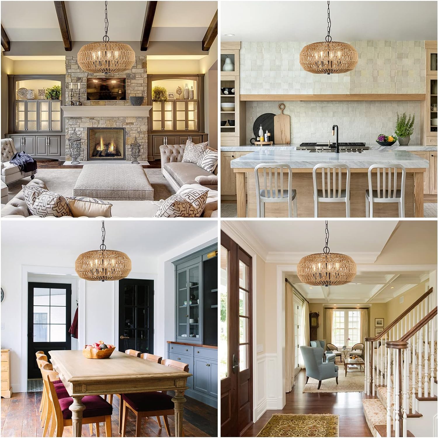 Jandcase 4-Light Farmhouse Boho Rattan Pendant Light Adjustable Height Ceiling Fixture for Dining Room Kitchen Island Living Room Bedroom Foyer