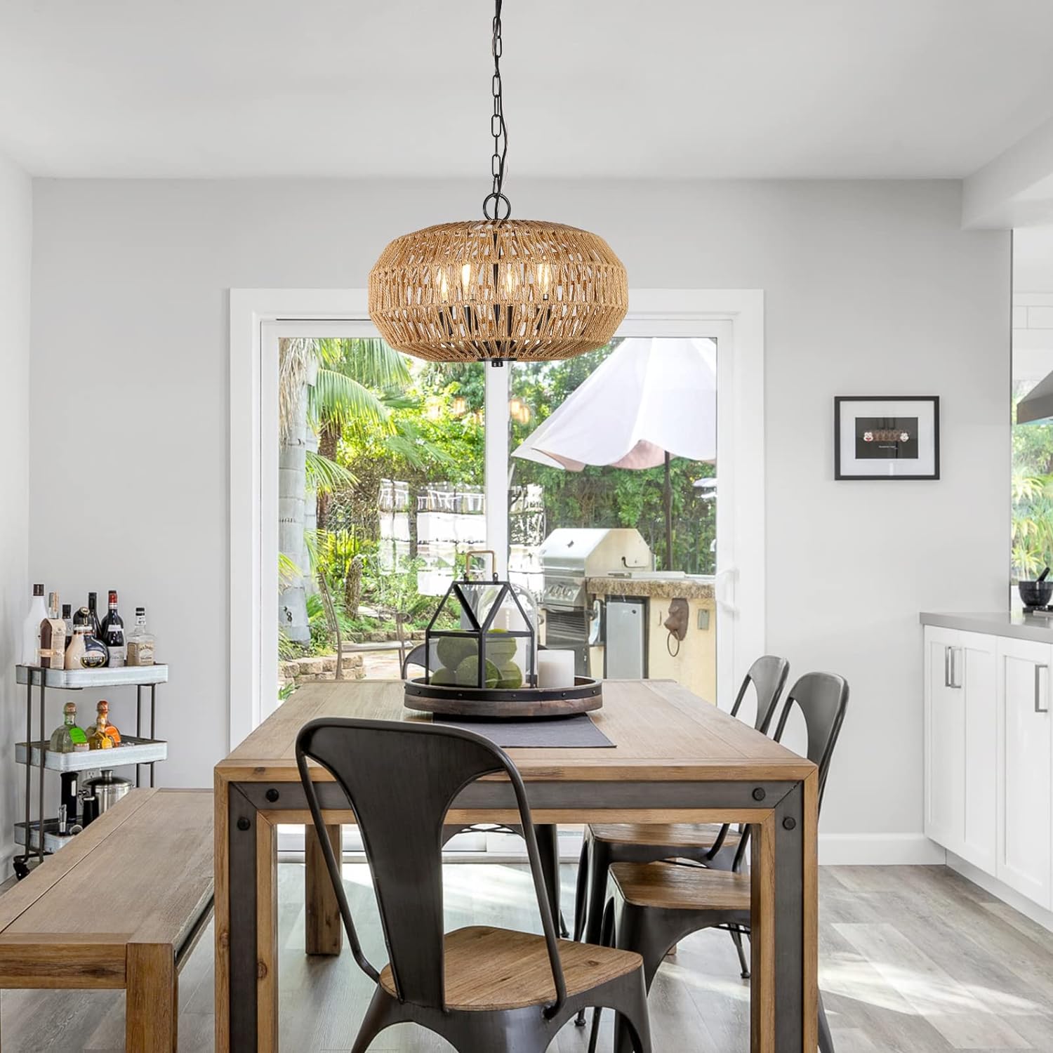 Jandcase 4-Light Farmhouse Boho Rattan Pendant Light Adjustable Height Ceiling Fixture for Dining Room Kitchen Island Living Room Bedroom Foyer
