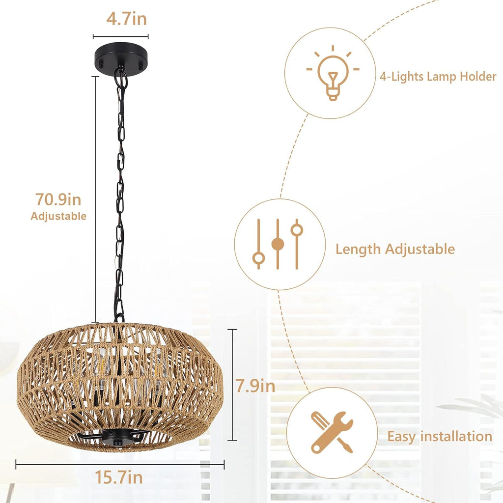 Jandcase 4-Light Farmhouse Boho Rattan Pendant Light Adjustable Height Ceiling Fixture for Dining Room Kitchen Island Living Room Bedroom Foyer