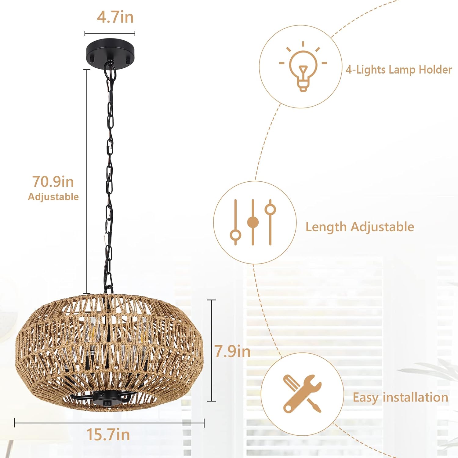 Jandcase 4-Light Farmhouse Boho Rattan Pendant Light Adjustable Height Ceiling Fixture for Dining Room Kitchen Island Living Room Bedroom Foyer