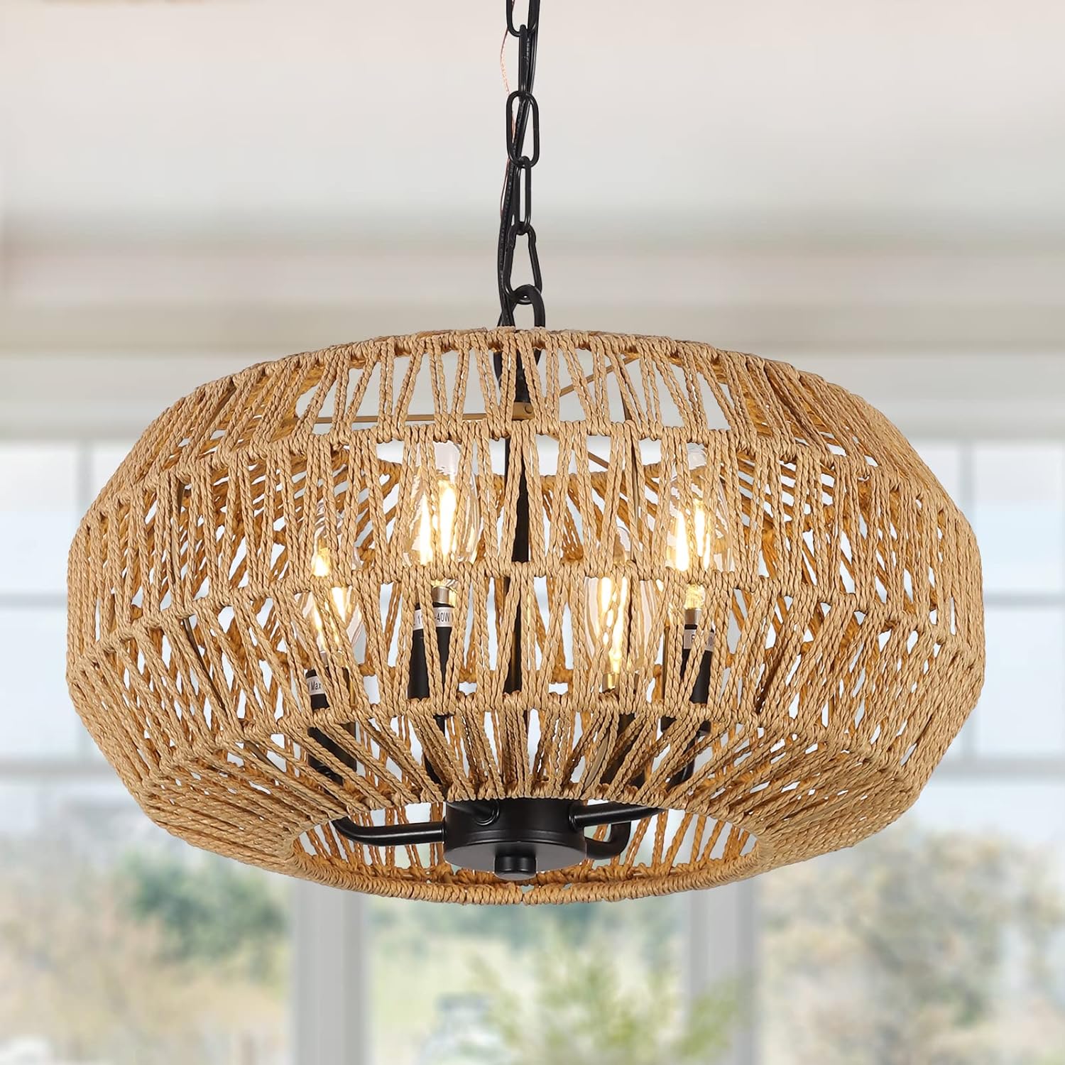Jandcase 4-Light Farmhouse Boho Rattan Pendant Light Adjustable Height Ceiling Fixture for Dining Room Kitchen Island Living Room Bedroom Foyer