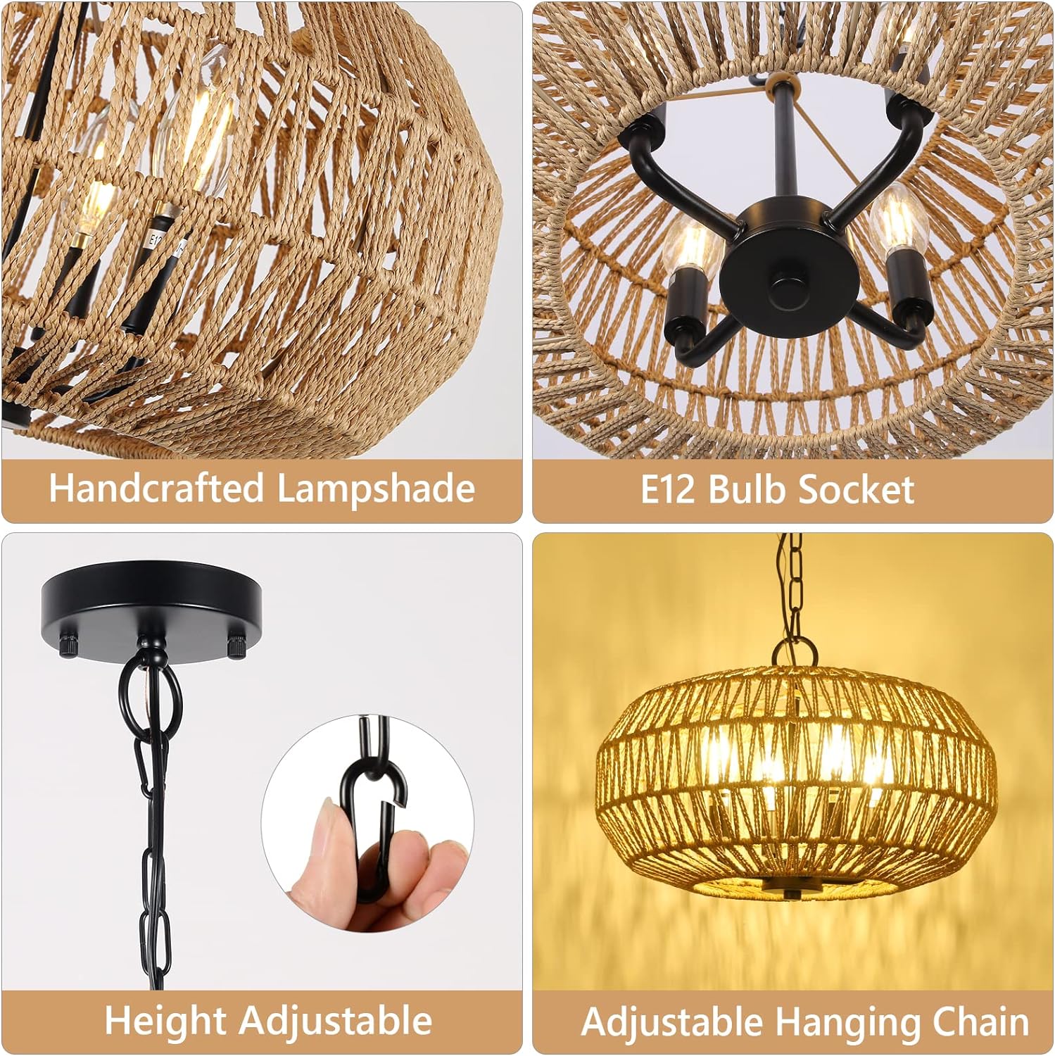 Jandcase 4-Light Farmhouse Boho Rattan Pendant Light Adjustable Height Ceiling Fixture for Dining Room Kitchen Island Living Room Bedroom Foyer