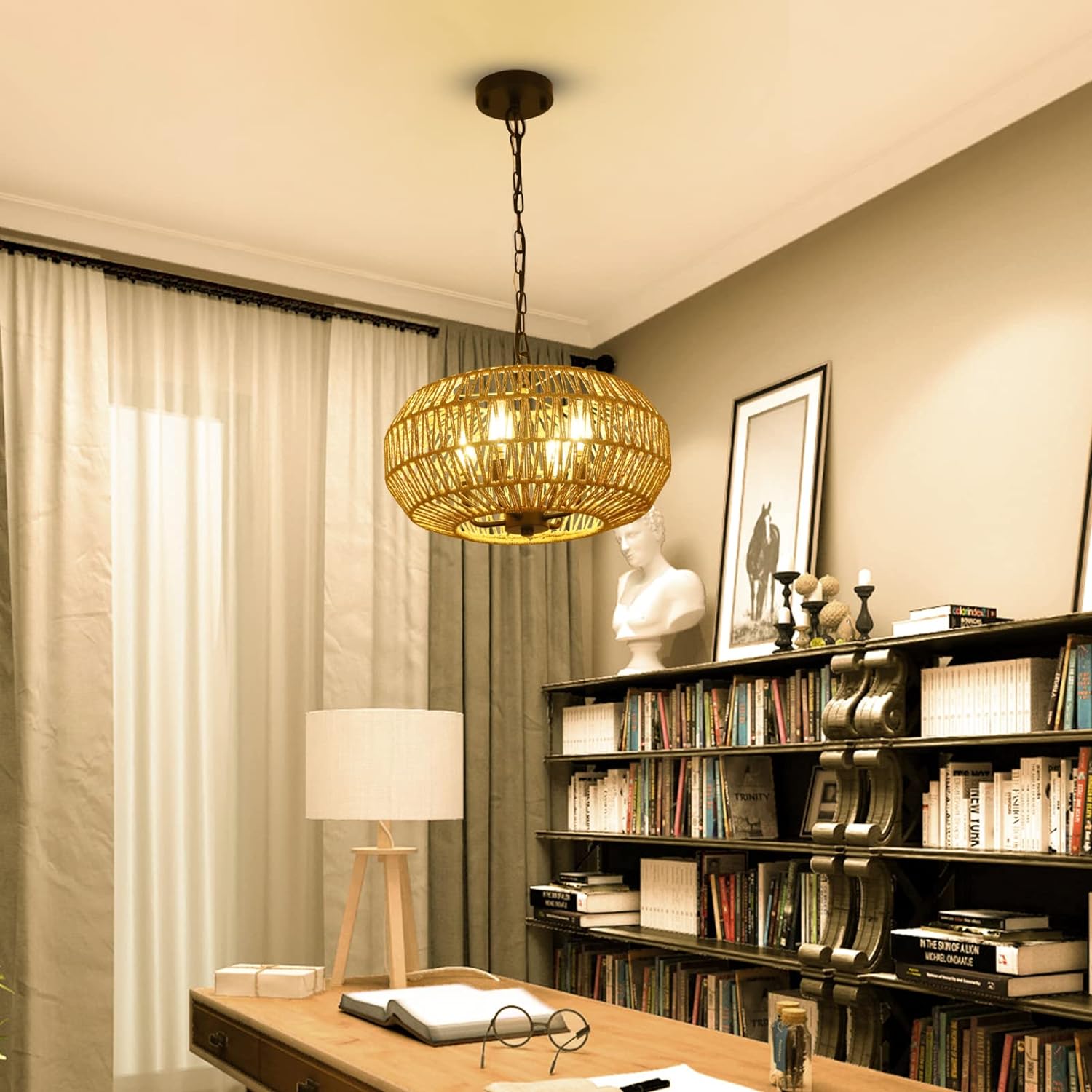Jandcase 4-Light Farmhouse Boho Rattan Pendant Light Adjustable Height Ceiling Fixture for Dining Room Kitchen Island Living Room Bedroom Foyer