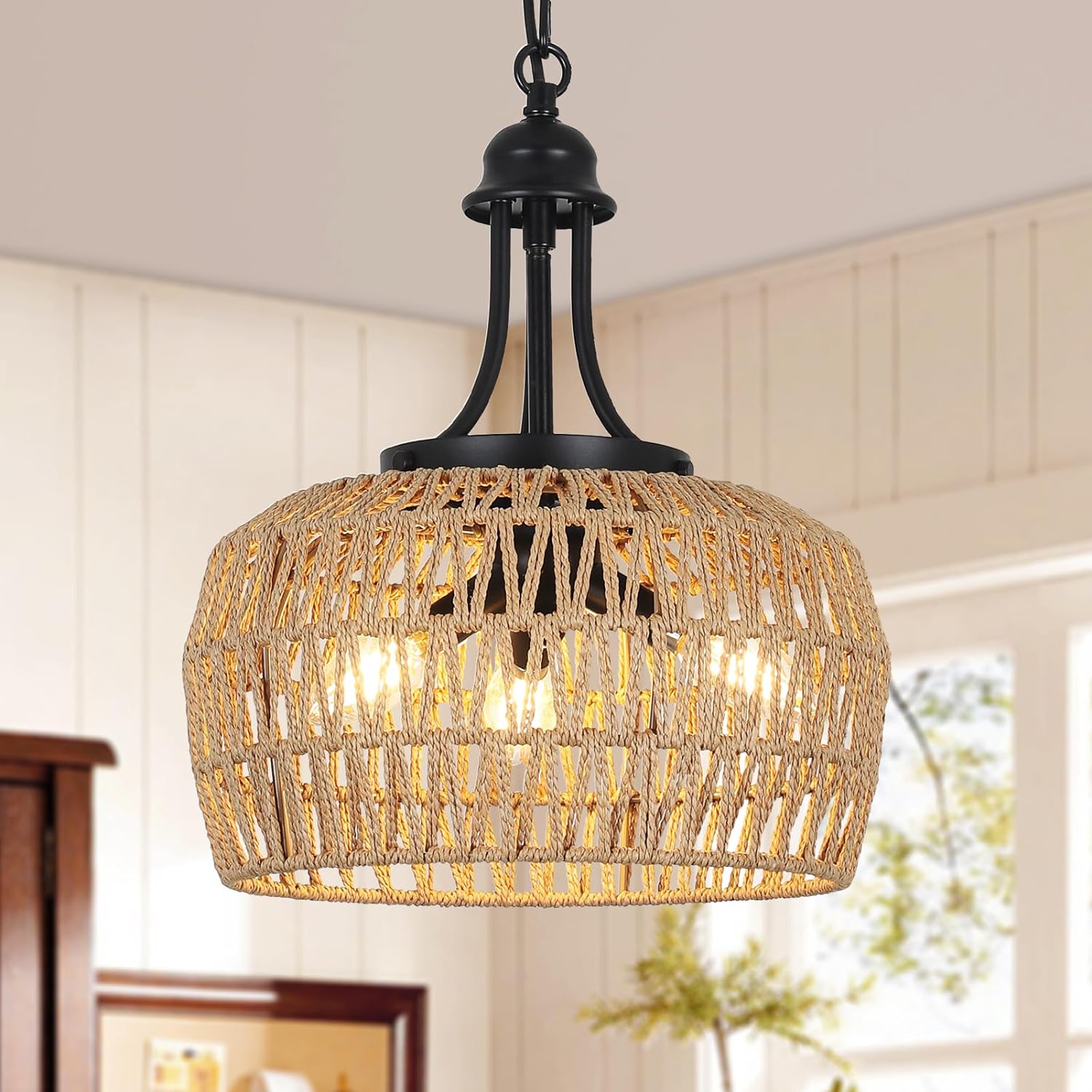 Jandcase 3-Light Farmhouse Boho Rattan Chandelier Woven Wicker Coastal Pendant Light  for Dining Room Kitchen Bedroom Island Hallway