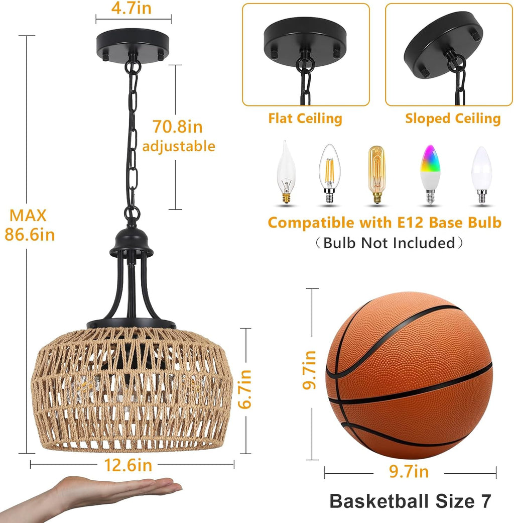 Jandcase 3-Light Farmhouse Boho Rattan Chandelier Woven Wicker Coastal Pendant Light  for Dining Room Kitchen Bedroom Island Hallway