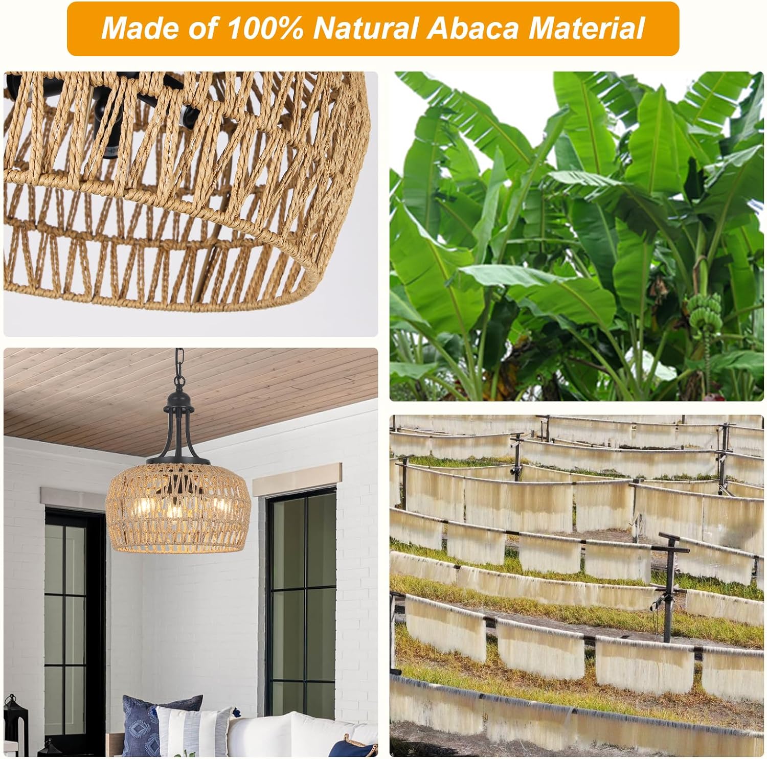 Jandcase 3-Light Farmhouse Boho Rattan Chandelier Woven Wicker Coastal Pendant Light  for Dining Room Kitchen Bedroom Island Hallway