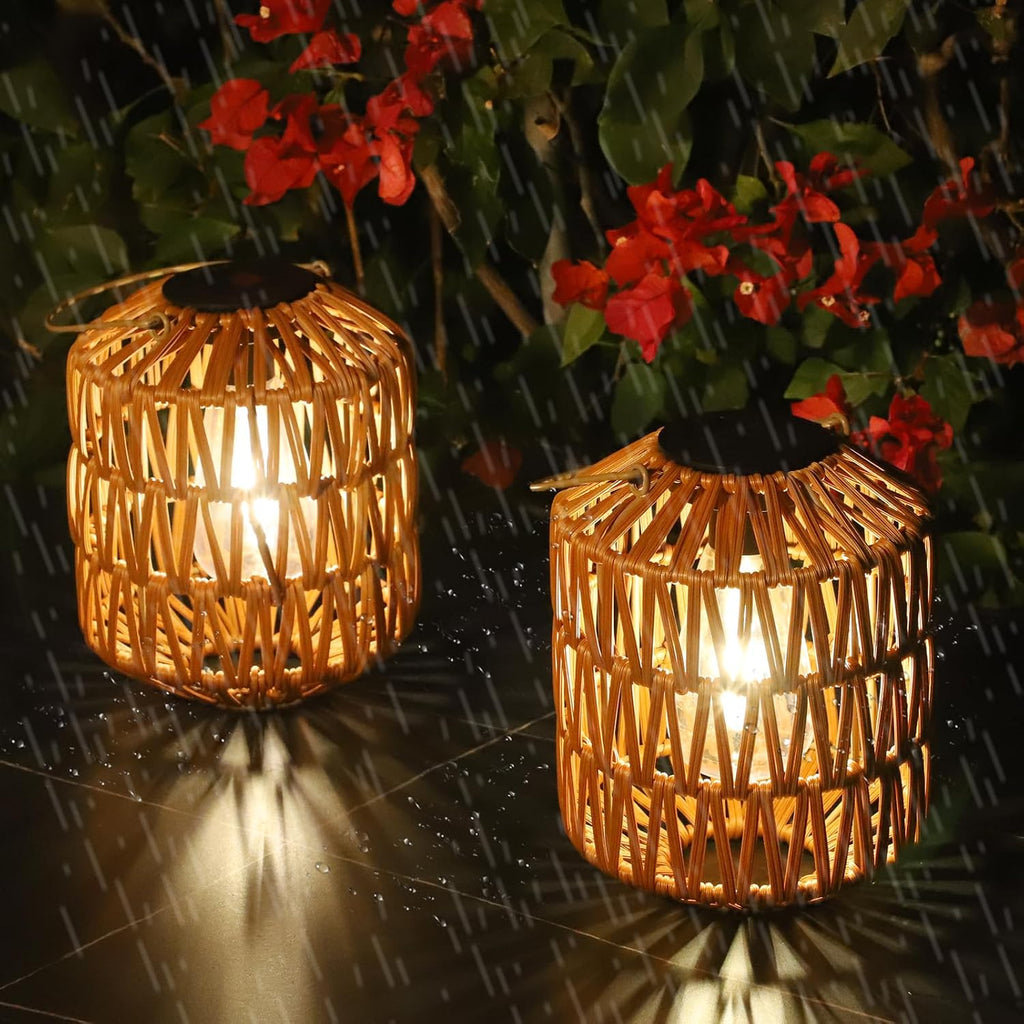 Jandcase 2-Pack Brown Outdoor Lanterns Waterproof Hanging Rattan LED Garden Lights Decorative Tabletop Lanterns for Patio Yard Porch Pathway