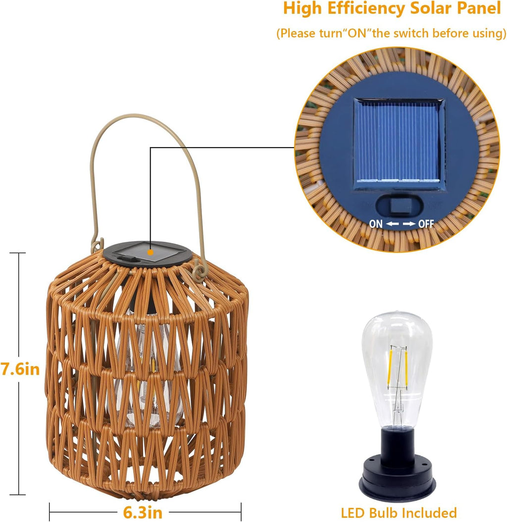 Jandcase 2-Pack Brown Outdoor Lanterns Waterproof Hanging Rattan LED Garden Lights Decorative Tabletop Lanterns for Patio Yard Porch Pathway