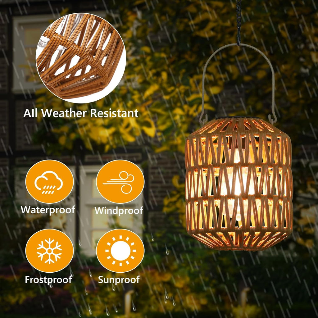 Jandcase 2-Pack Brown Outdoor Lanterns Waterproof Hanging Rattan LED Garden Lights Decorative Tabletop Lanterns for Patio Yard Porch Pathway
