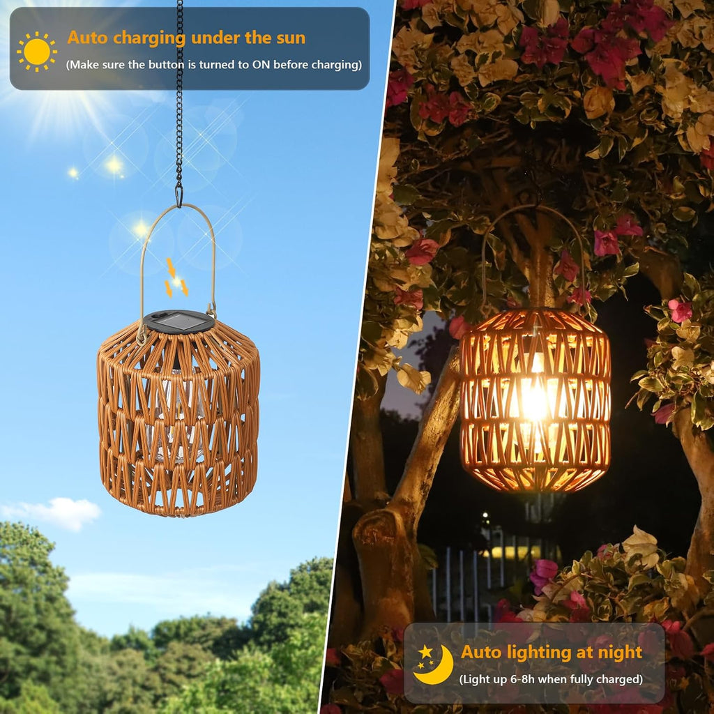 Jandcase 2-Pack Brown Outdoor Lanterns Waterproof Hanging Rattan LED Garden Lights Decorative Tabletop Lanterns for Patio Yard Porch Pathway