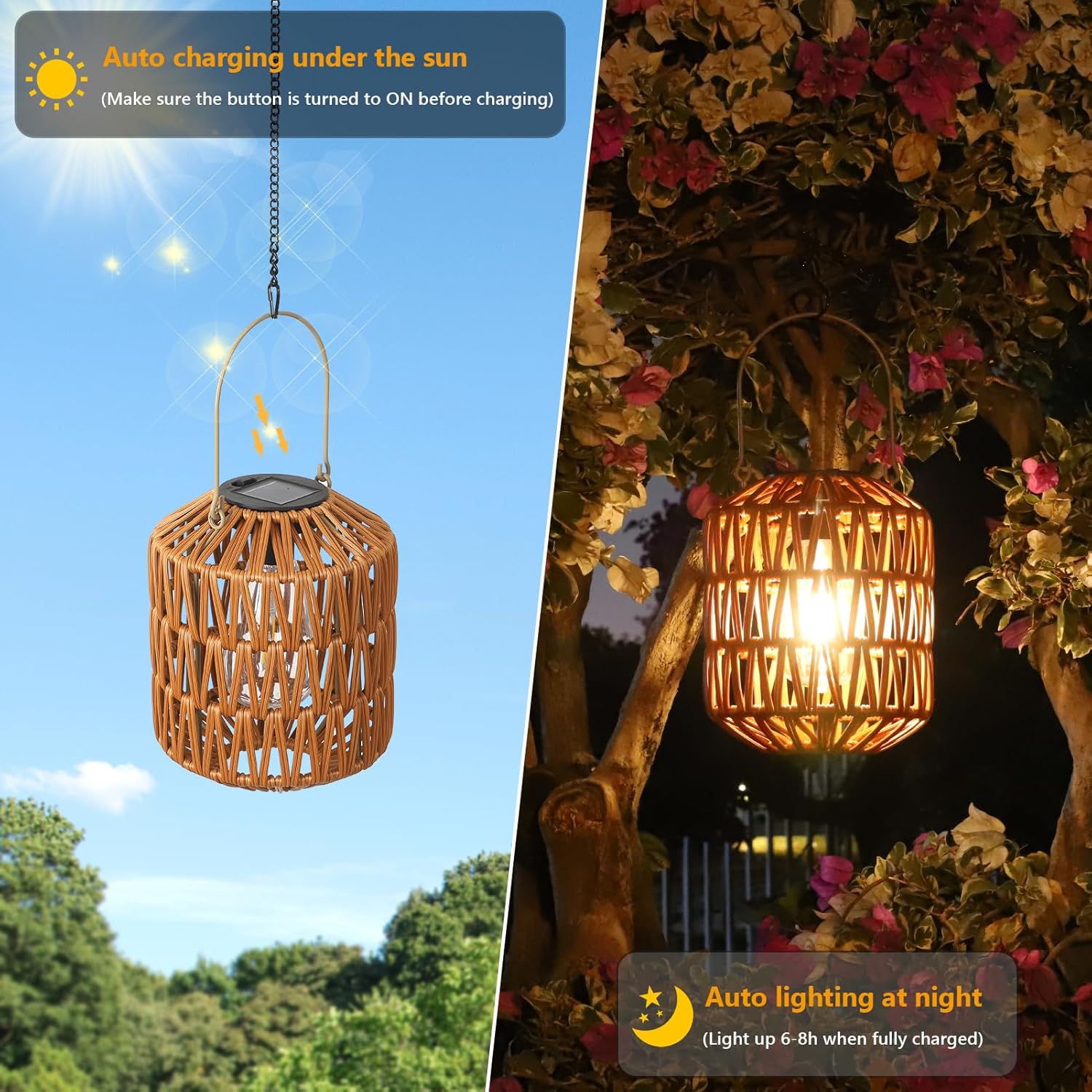 Jandcase 2-Pack Brown Outdoor Lanterns Waterproof Hanging Rattan LED Garden Lights Decorative Tabletop Lanterns for Patio Yard Porch Pathway