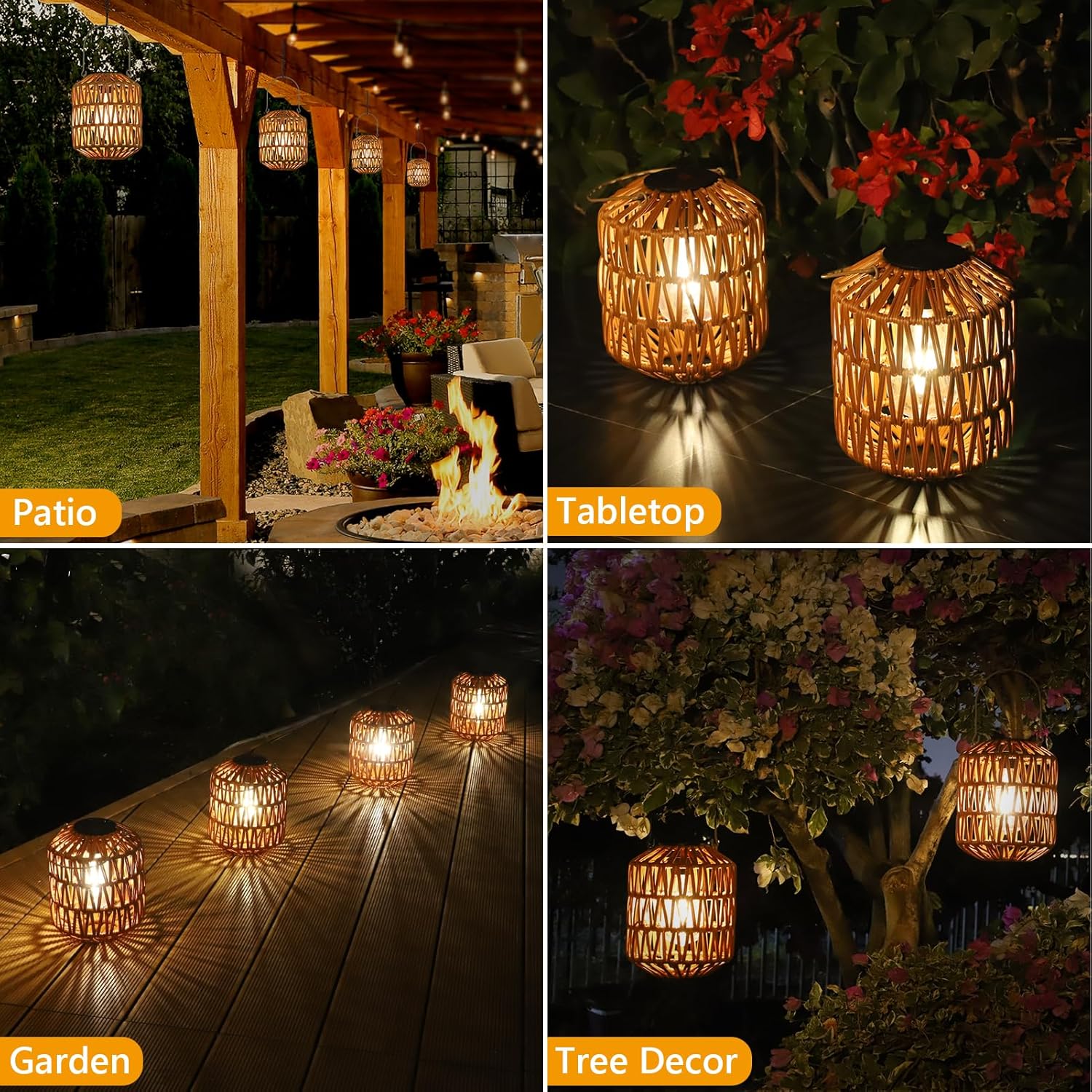Jandcase 2-Pack Brown Outdoor Lanterns Waterproof Hanging Rattan LED Garden Lights Decorative Tabletop Lanterns for Patio Yard Porch Pathway
