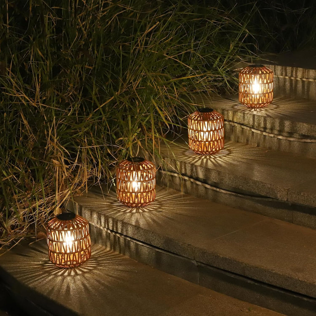 Jandcase 2-Pack Brown Outdoor Lanterns Waterproof Hanging Rattan LED Garden Lights Decorative Tabletop Lanterns for Patio Yard Porch Pathway