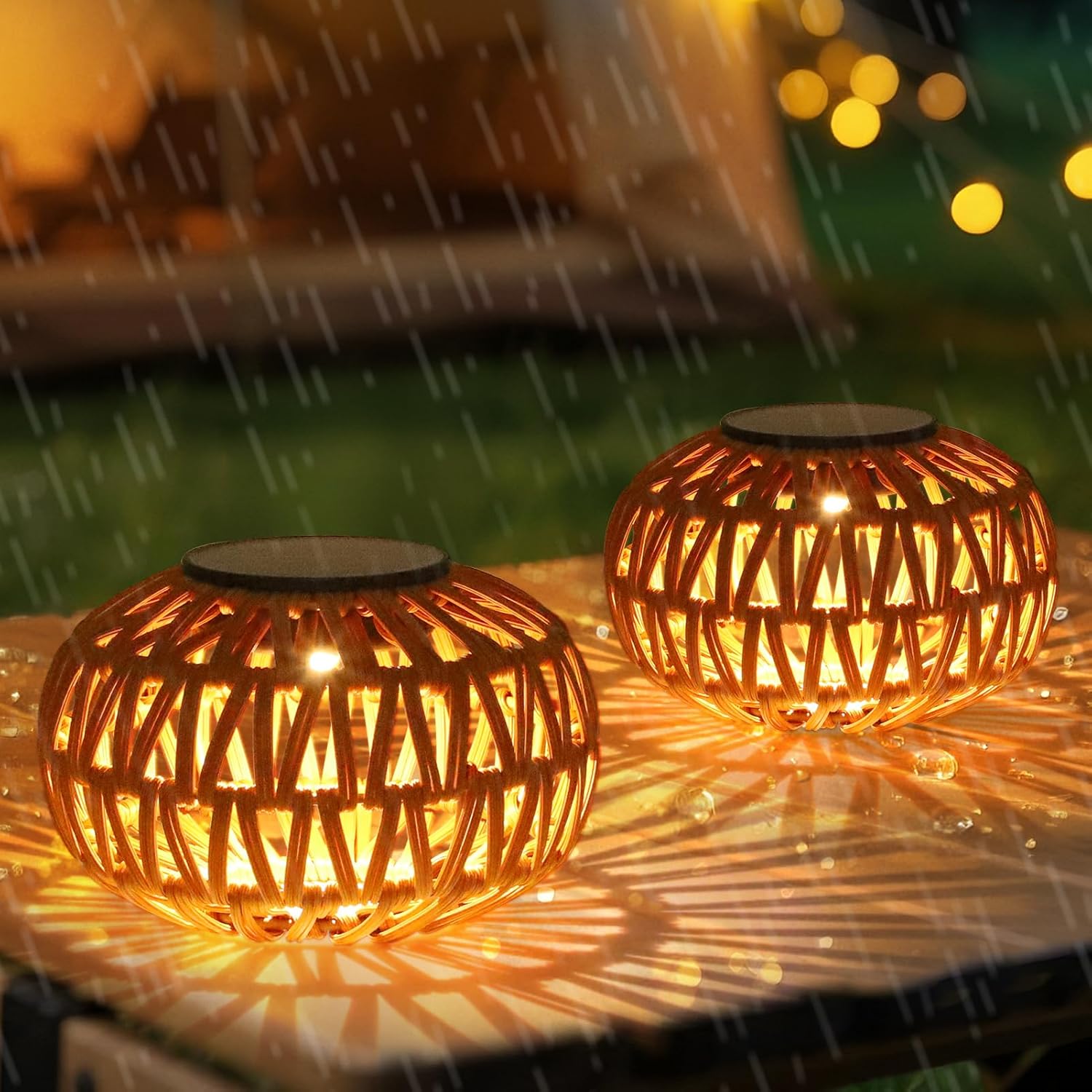 Jandcase 2-Pack Brown Solar Outdoor Lanterns Waterproof Rattan Tabletop Lights Decorative LED Garden Lanterns for Patio Yard Pathway Porch Steps