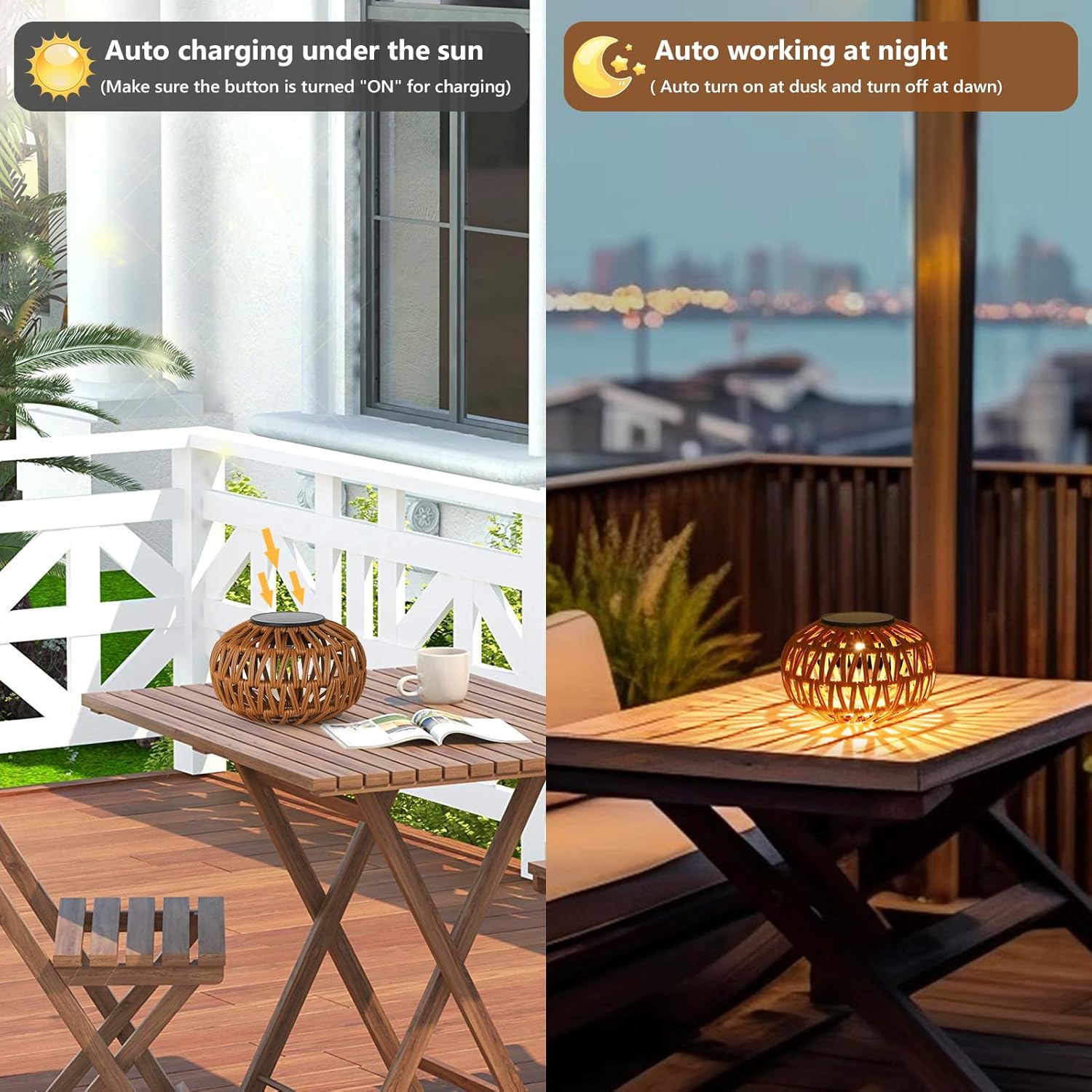 Jandcase 2-Pack Brown Solar Outdoor Lanterns Waterproof Rattan Tabletop Lights Decorative LED Garden Lanterns for Patio Yard Pathway Porch Steps