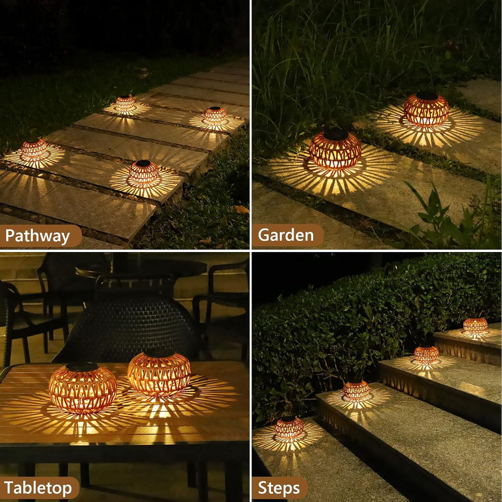 Jandcase 2-Pack Brown Solar Outdoor Lanterns Waterproof Rattan Tabletop Lights Decorative LED Garden Lanterns for Patio Yard Pathway Porch Steps
