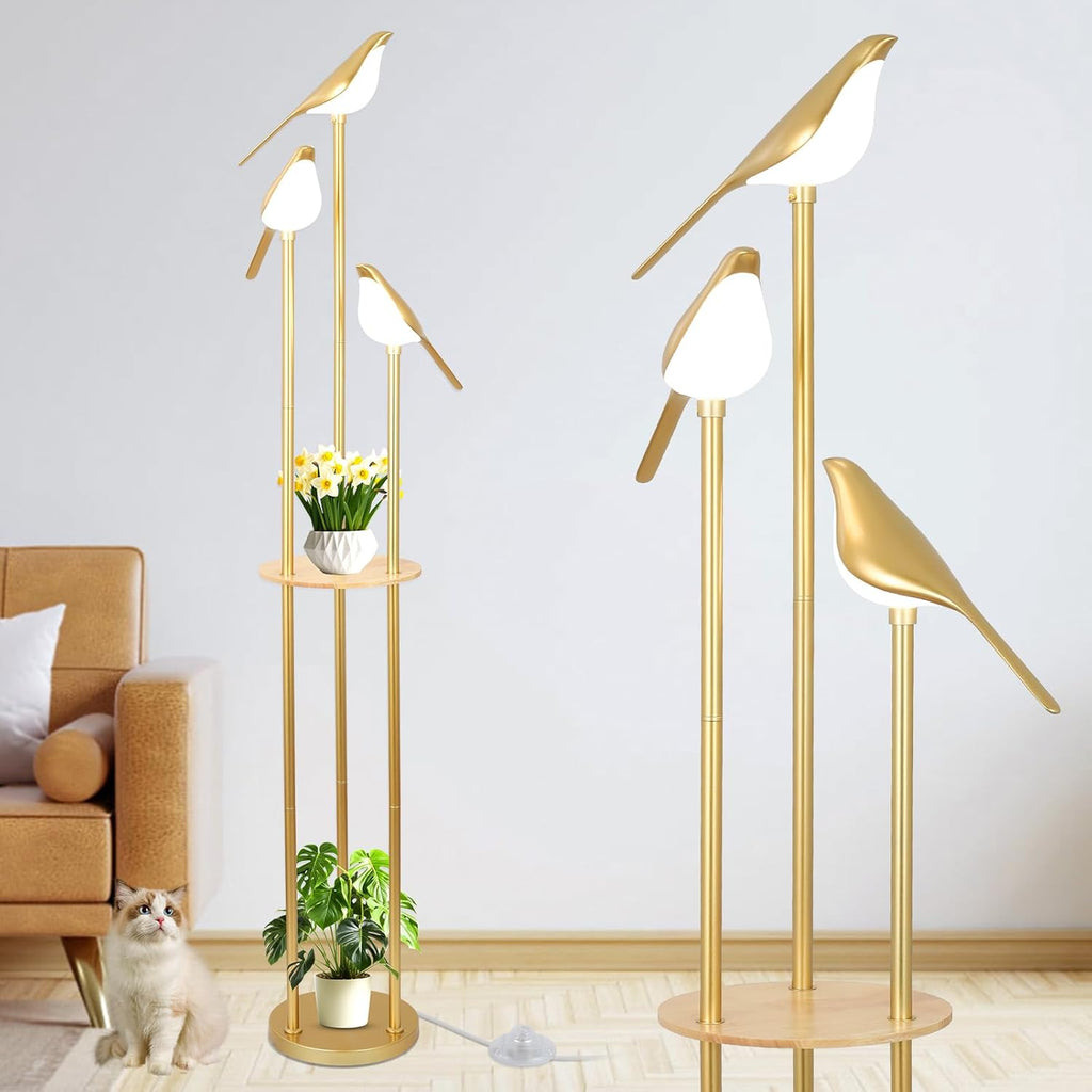 Jandcase65in Gold Bird Floor Lamp with Shelf 3-Light LED Standing Lamp Modern Decorative Tall Lamp for Living Room Bedroom Reading Corner