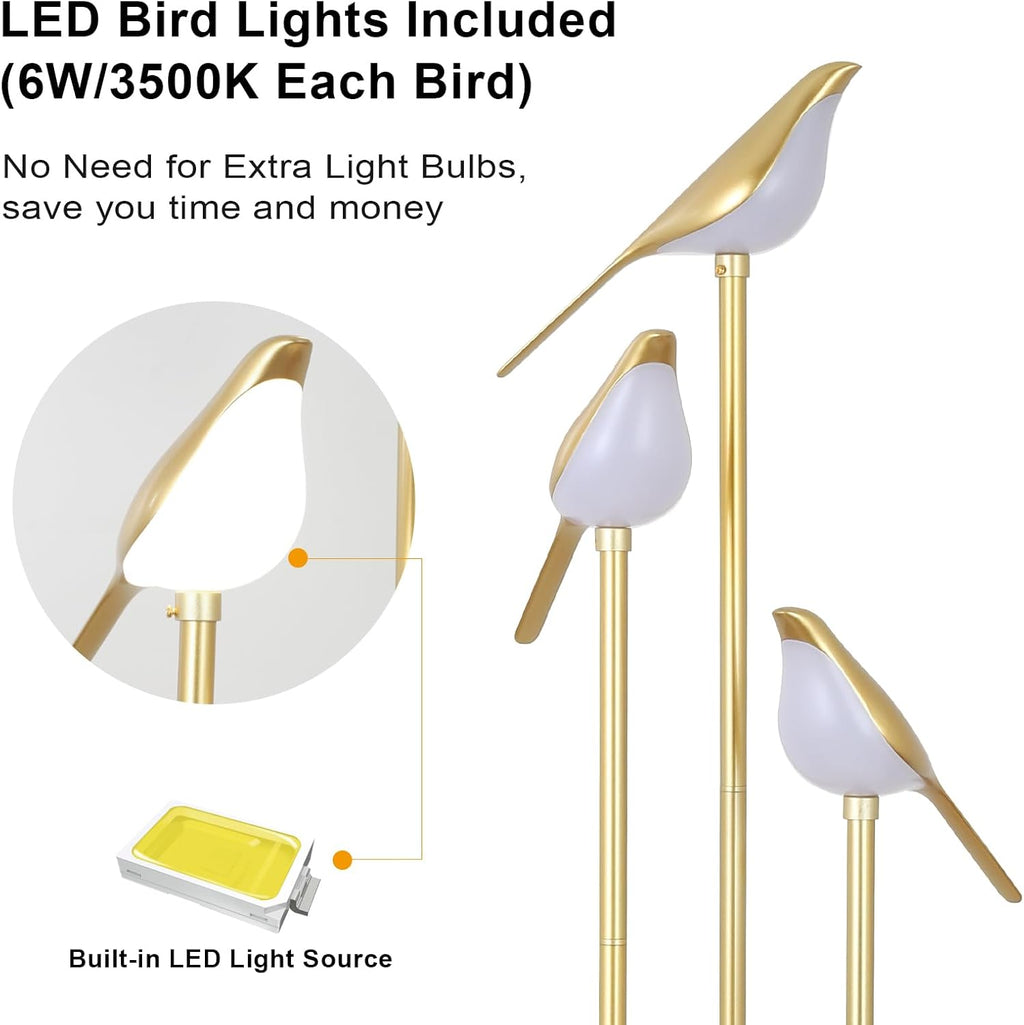 Jandcase65in Gold Bird Floor Lamp with Shelf 3-Light LED Standing Lamp Modern Decorative Tall Lamp for Living Room Bedroom Reading Corner