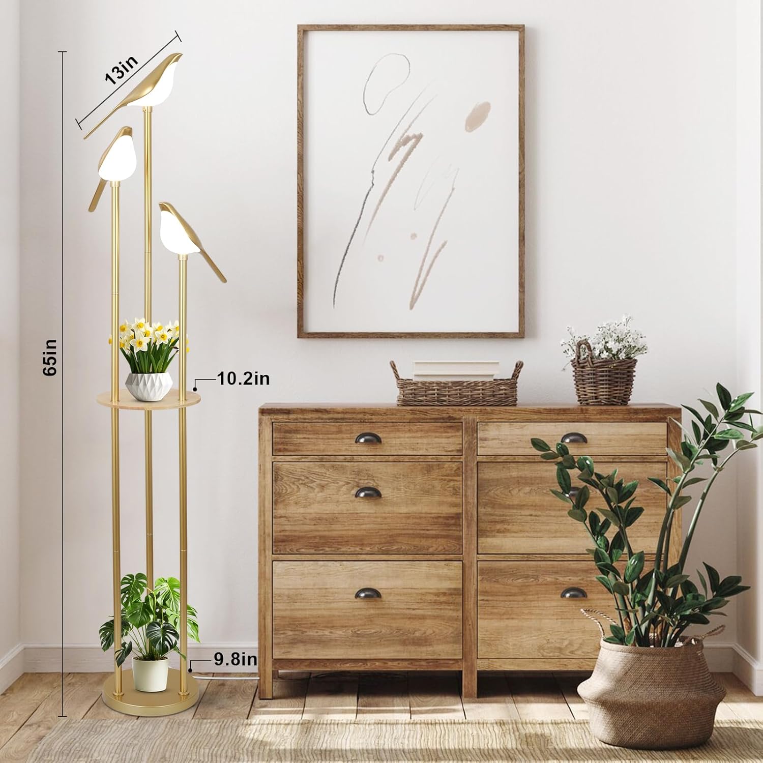 Jandcase65in Gold Bird Floor Lamp with Shelf 3-Light LED Standing Lamp Modern Decorative Tall Lamp for Living Room Bedroom Reading Corner