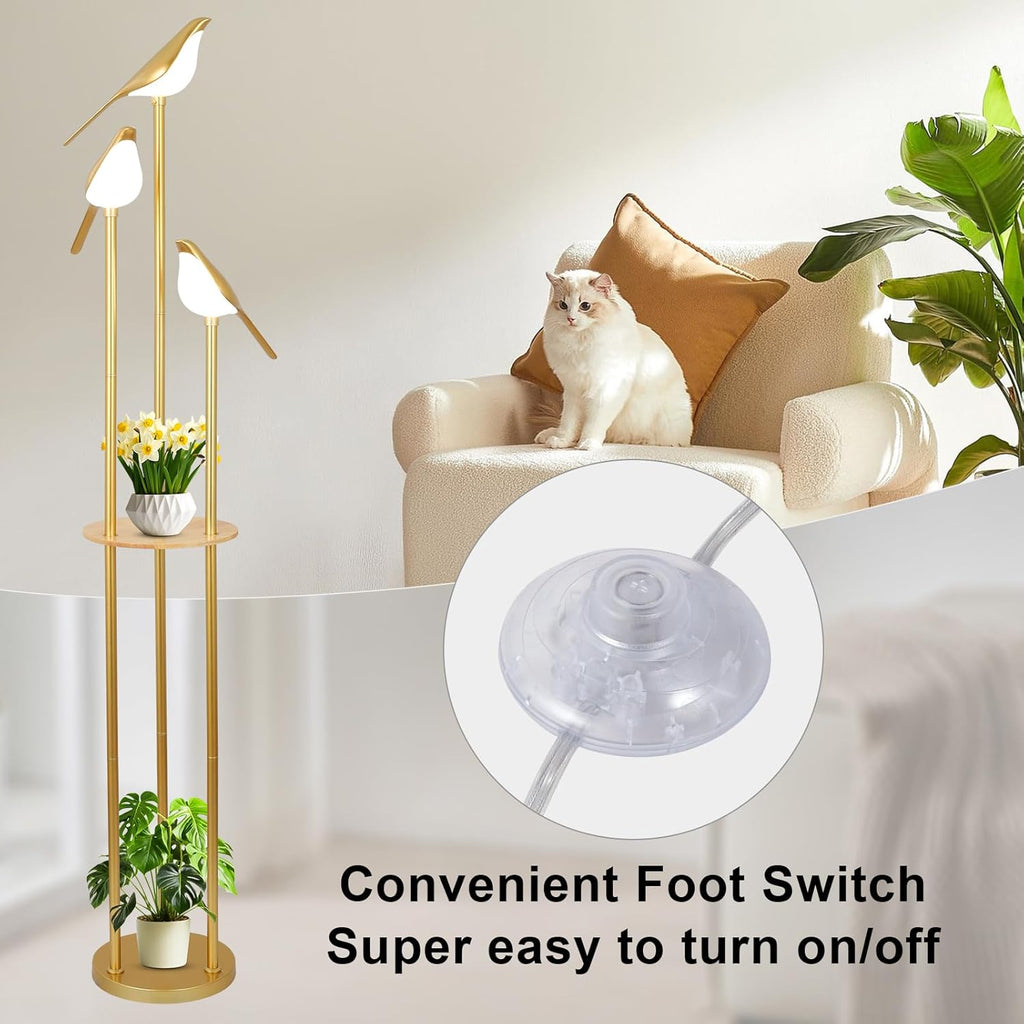 Jandcase65in Gold Bird Floor Lamp with Shelf 3-Light LED Standing Lamp Modern Decorative Tall Lamp for Living Room Bedroom Reading Corner