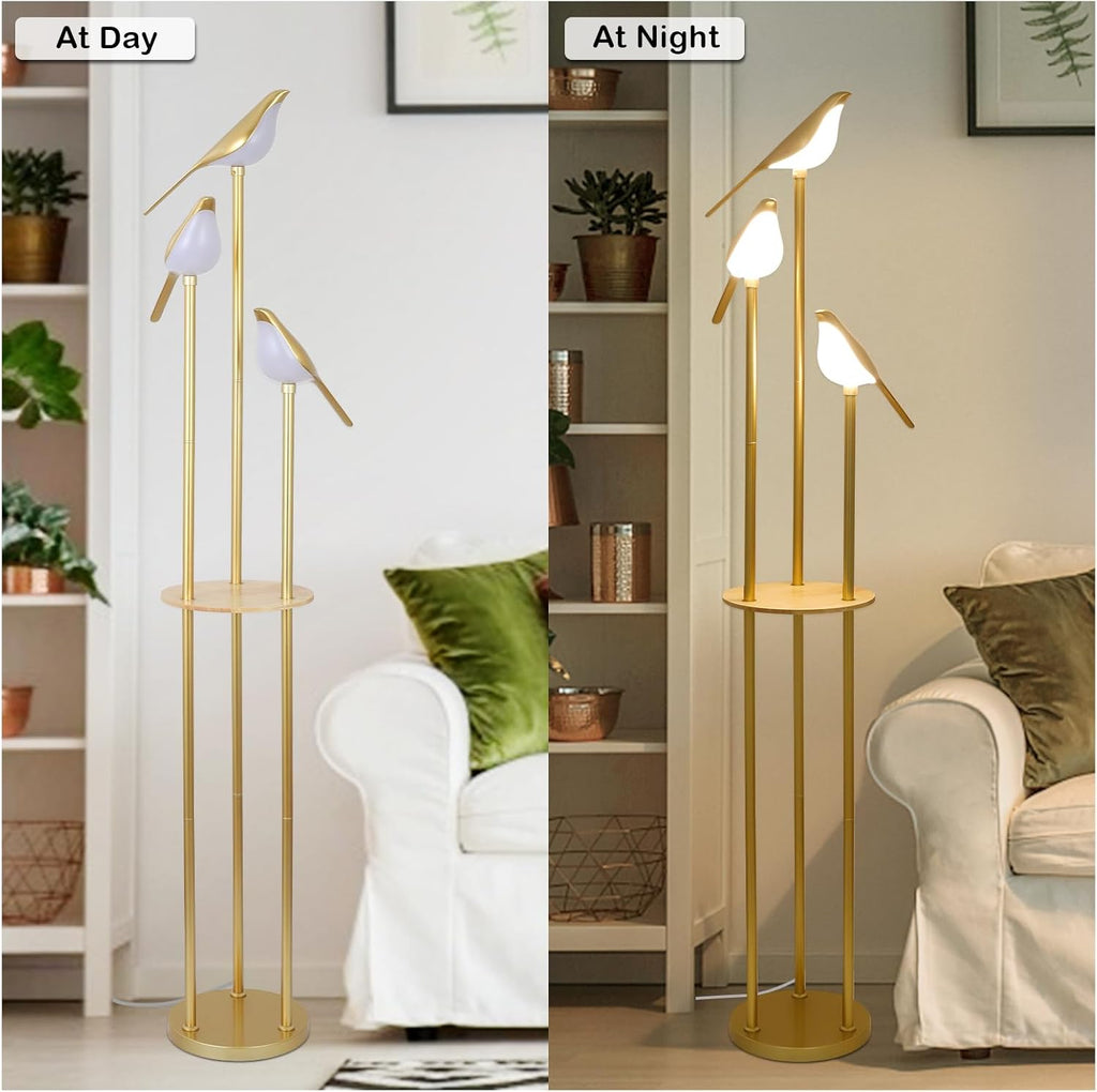 Jandcase65in Gold Bird Floor Lamp with Shelf 3-Light LED Standing Lamp Modern Decorative Tall Lamp for Living Room Bedroom Reading Corner