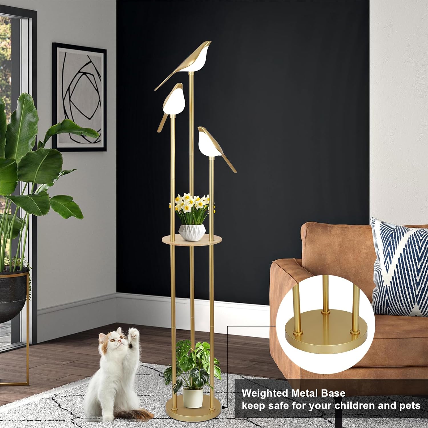 Jandcase65in Gold Bird Floor Lamp with Shelf 3-Light LED Standing Lamp Modern Decorative Tall Lamp for Living Room Bedroom Reading Corner