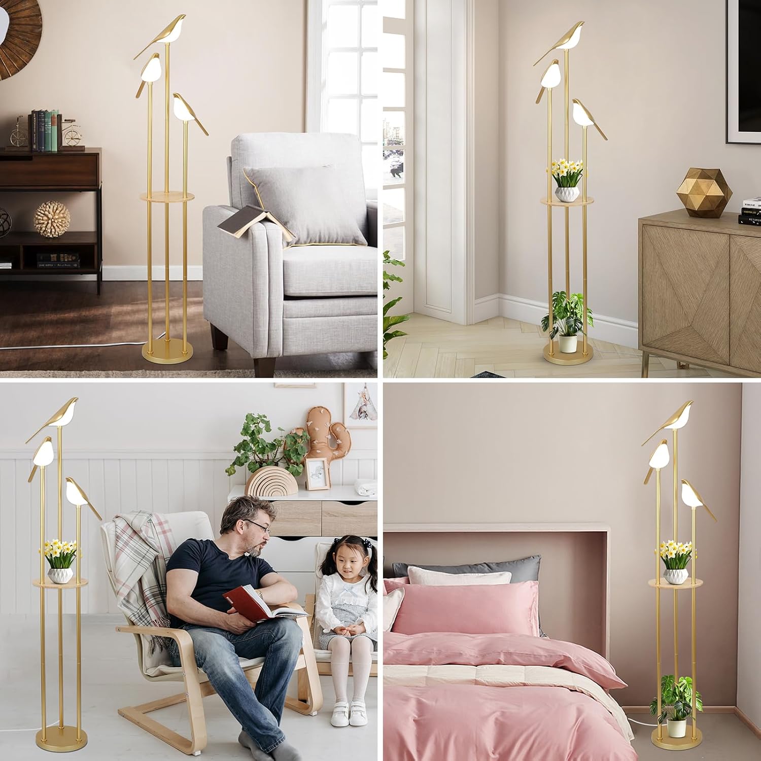 Jandcase65in Gold Bird Floor Lamp with Shelf 3-Light LED Standing Lamp Modern Decorative Tall Lamp for Living Room Bedroom Reading Corner