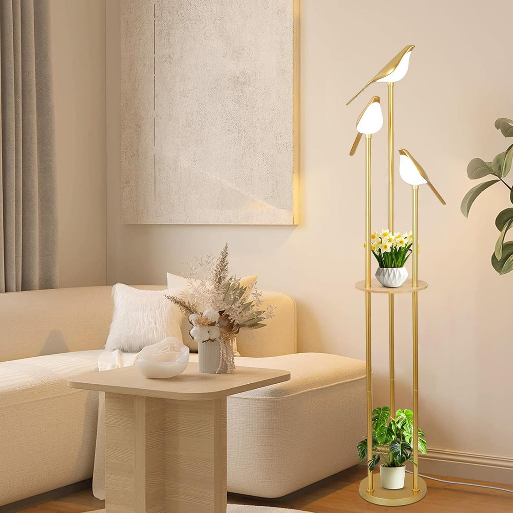 Jandcase65in Gold Bird Floor Lamp with Shelf 3-Light LED Standing Lamp Modern Decorative Tall Lamp for Living Room Bedroom Reading Corner