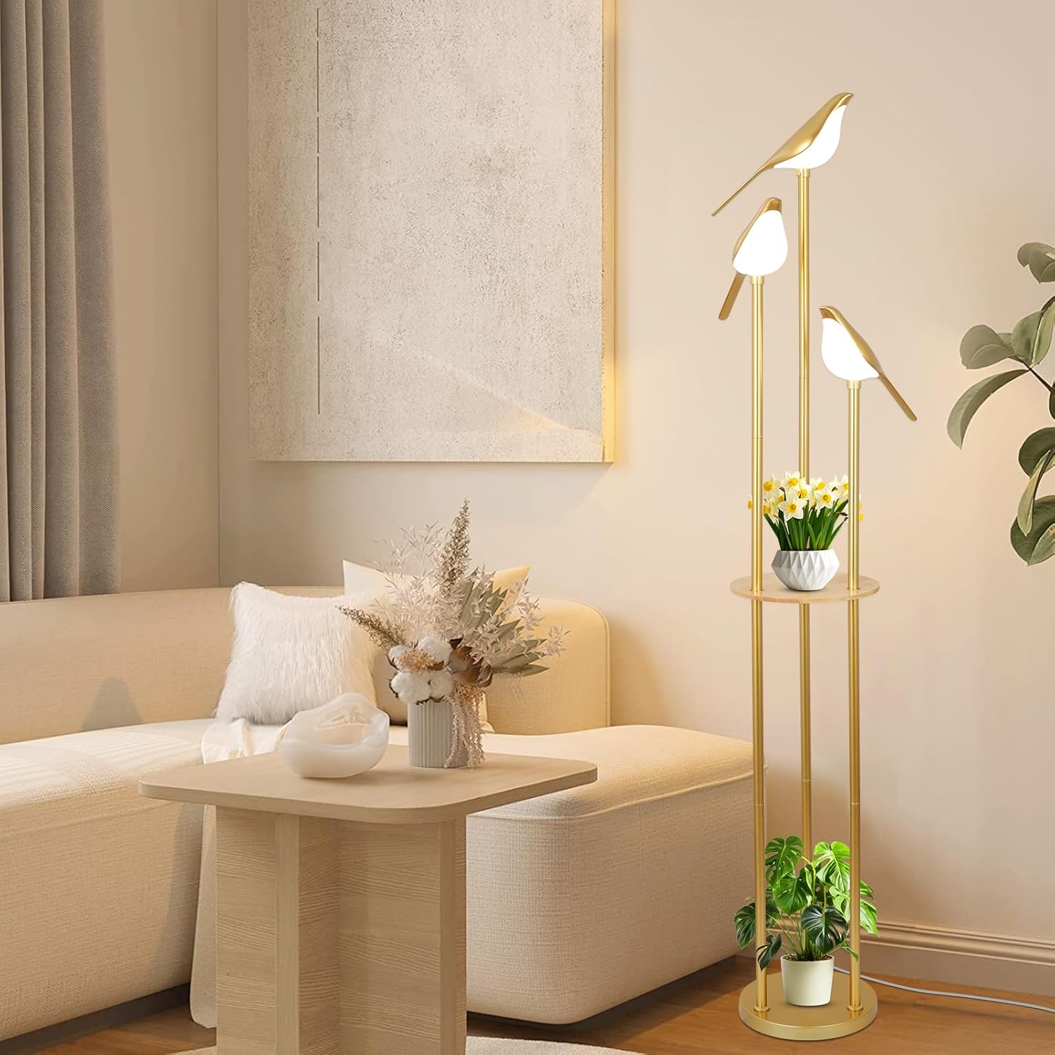 Jandcase65in Gold Bird Floor Lamp with Shelf 3-Light LED Standing Lamp Modern Decorative Tall Lamp for Living Room Bedroom Reading Corner